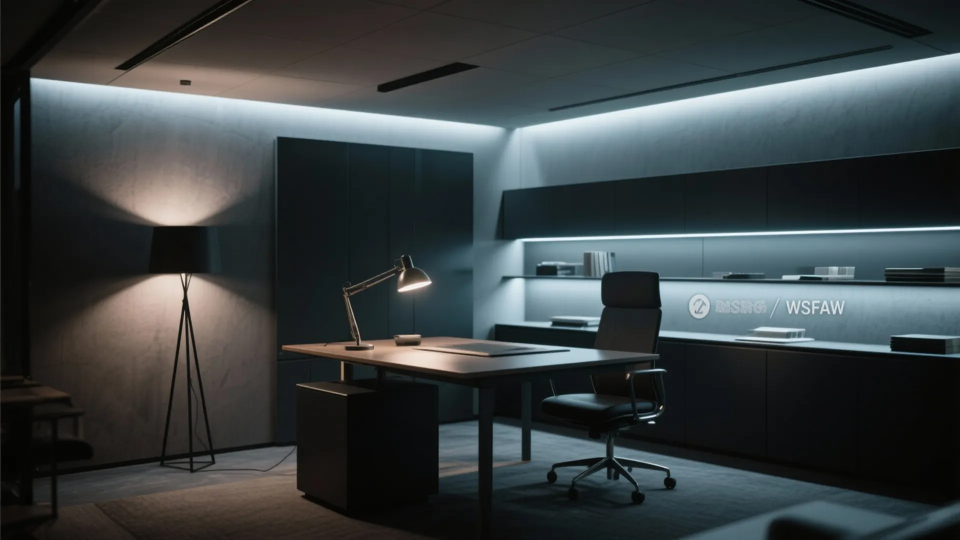 Modern dark office with black desk chair and multiple light fixtures creating a layered lighting