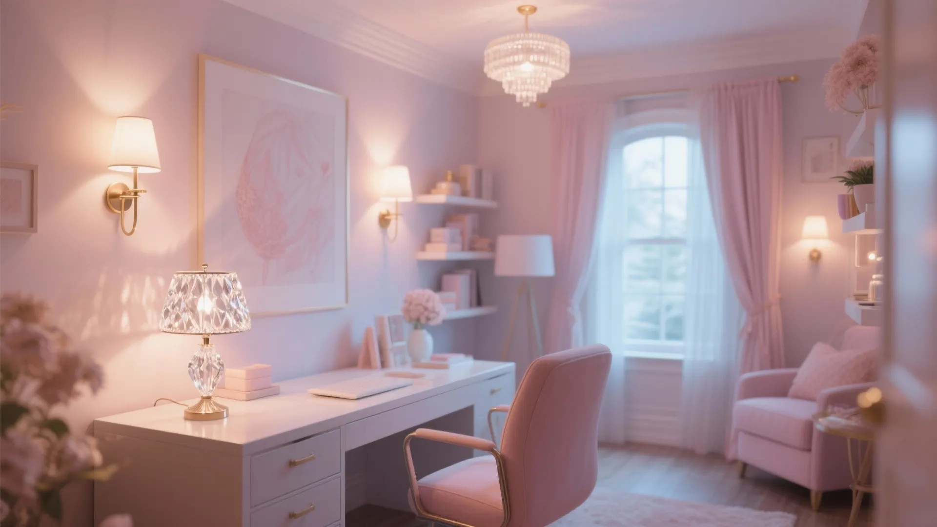 Pink home office featuring white desk pink chair crystal table lamp wall lights and ceiling light