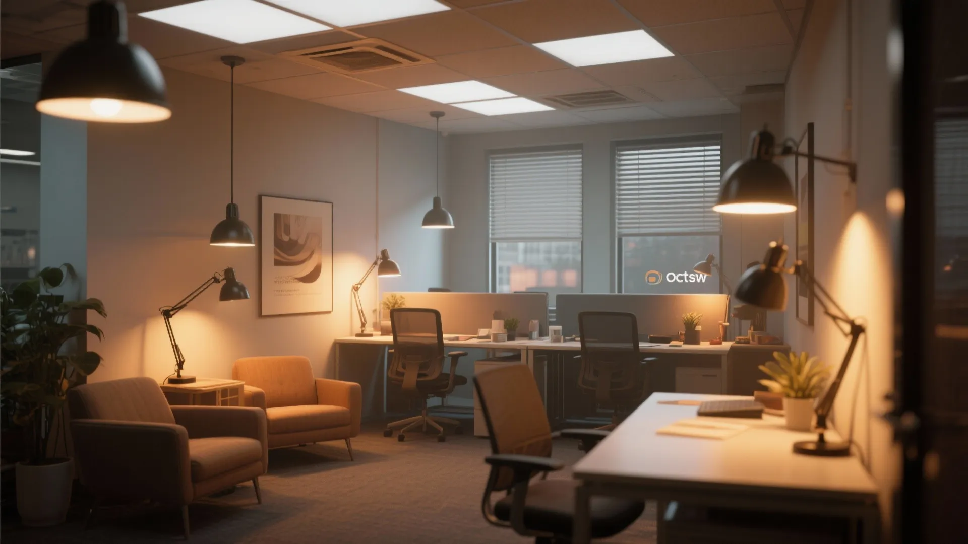 Office workspace with warm light fixtures including ceiling lights desk lights and comfortable seating area