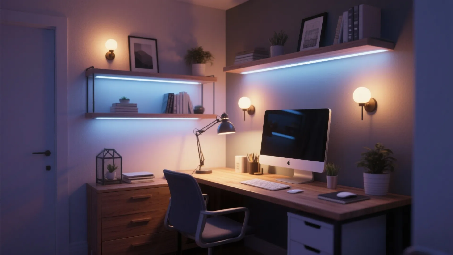 Workstation with blue led shelf lights and warm wall lights creating a cozy dark atmosphere