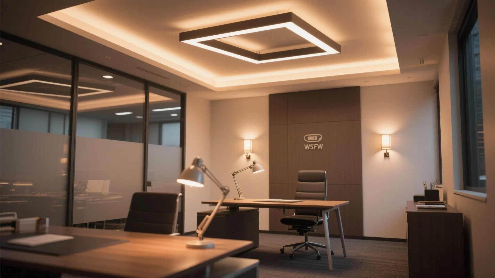 Private office featuring square ceiling light wall lights desk lamps and dark wood wall panel