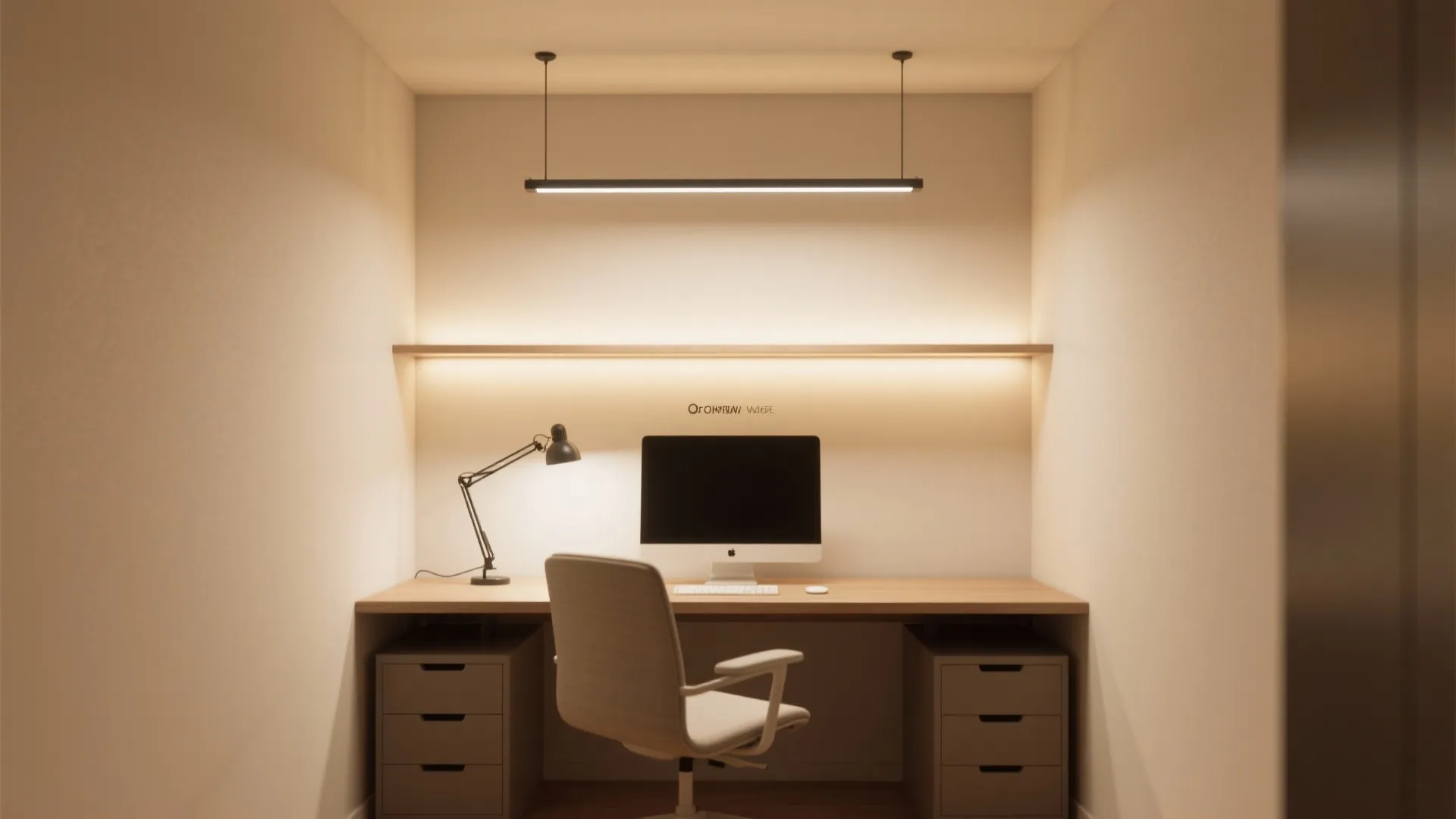 Modern home office with wooden desk computer chair table light shelf light and warm wall light