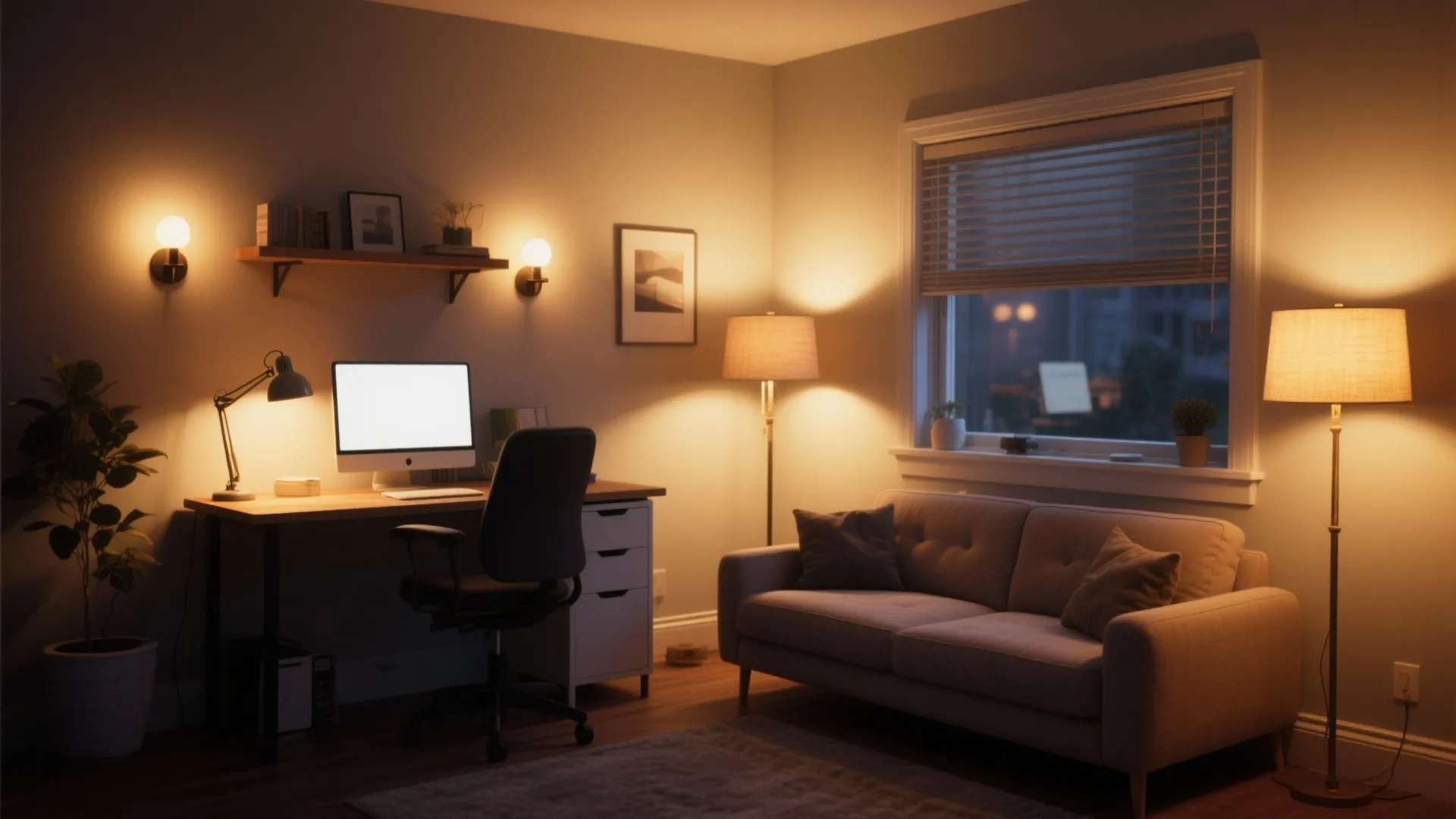 Small office with desk lamp, sconces, and floor lamp lighting