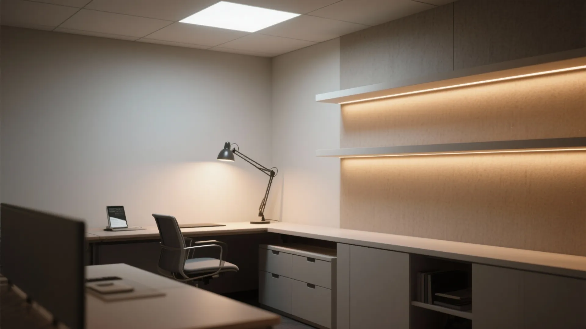 Modern office showcasing layered lighting with ambient, task, and accent lights