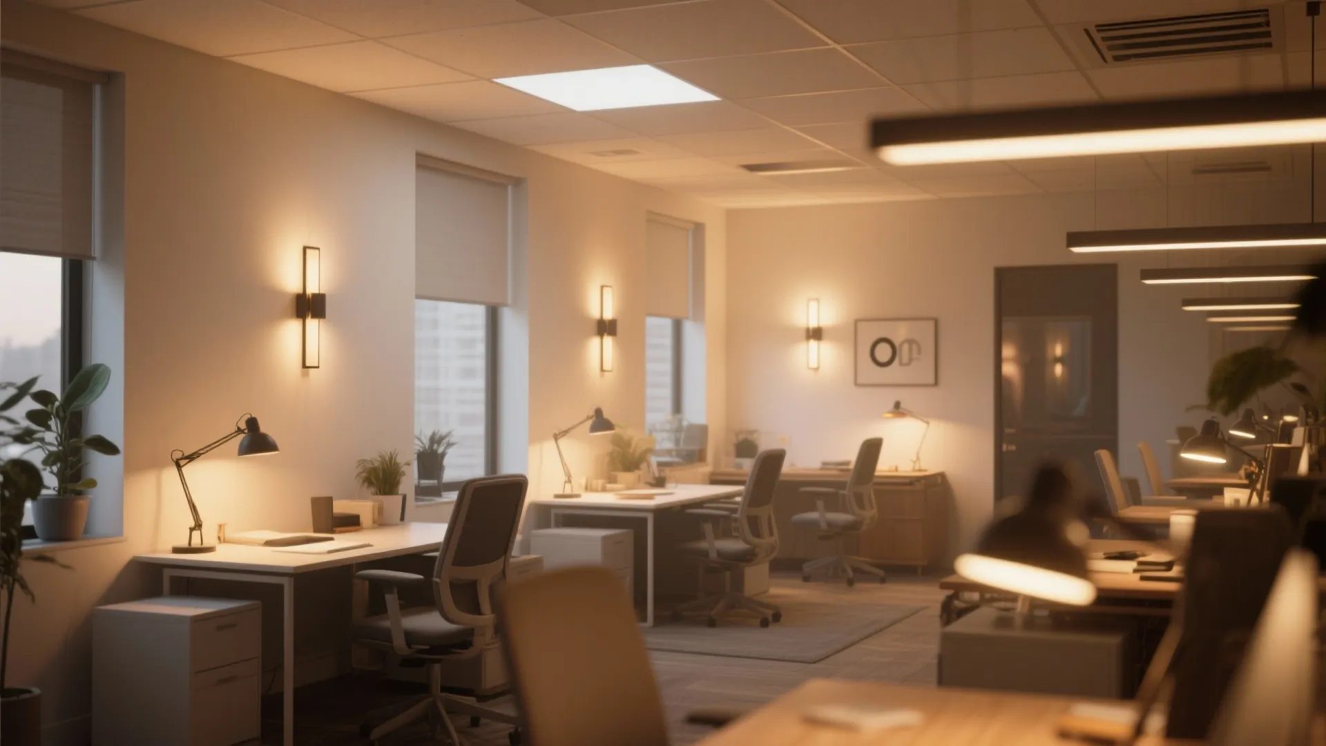 Office interior design with warm wall lights desk lamps and ceiling light fixtures for workspace