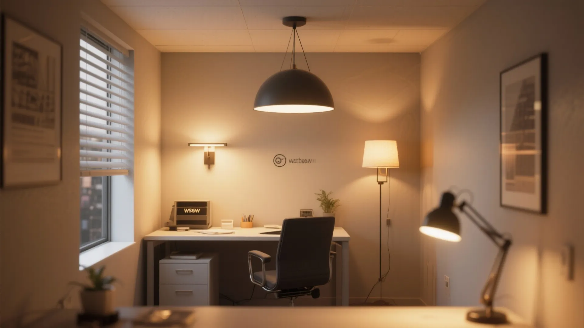 Home office with warm lighting featuring a ceiling light floor lamp desk lamp and wall light