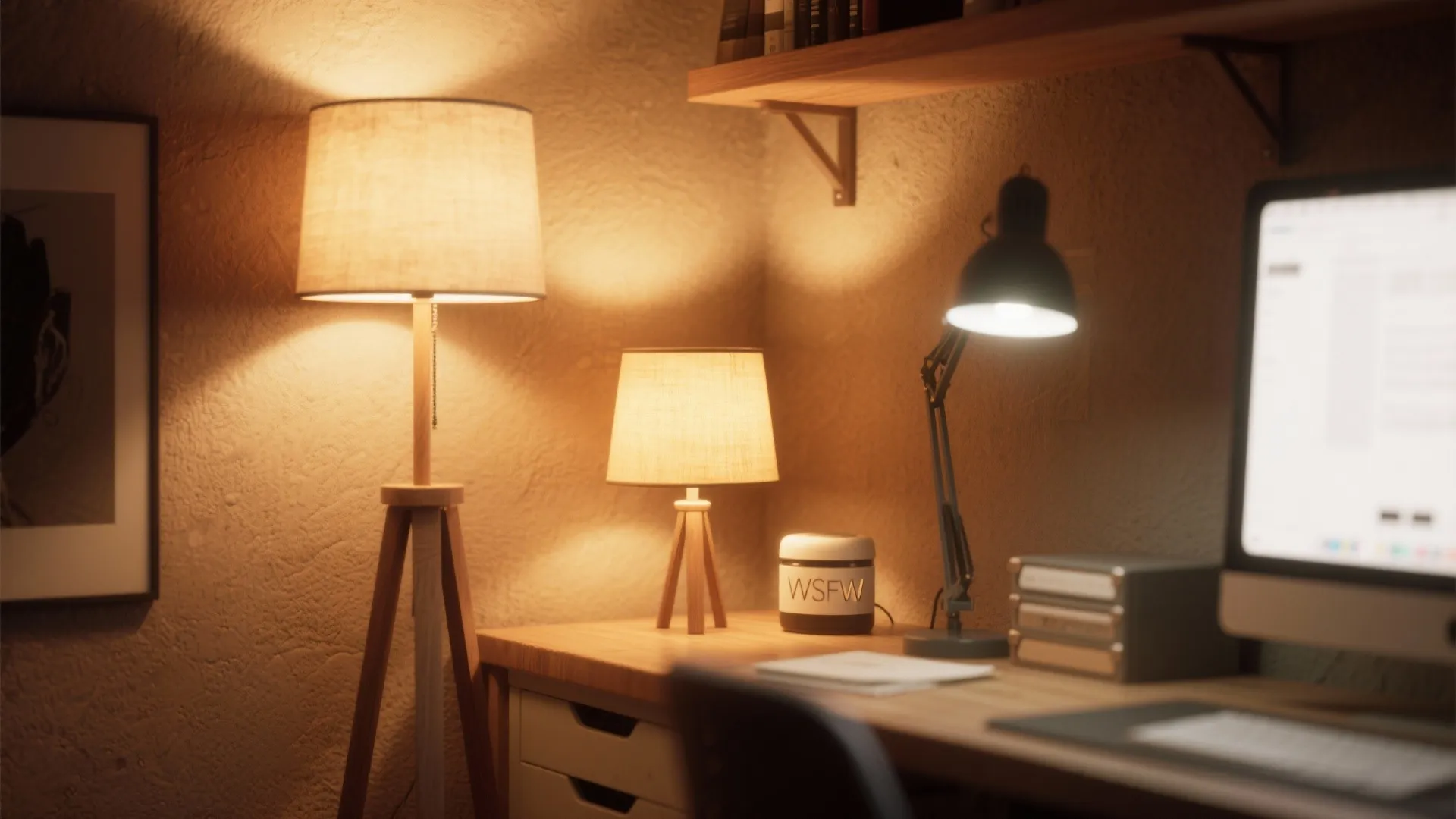 Home office desk with warm lighting from floor lamp table lamp and black metal work lamp