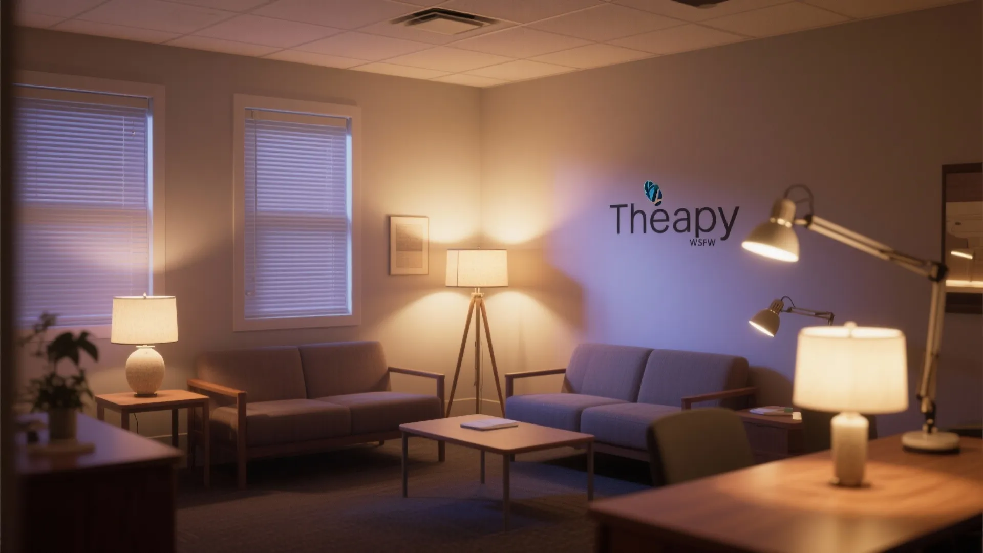 Office waiting area featuring grey sofas a coffee table floor light and warm desk lamp lighting