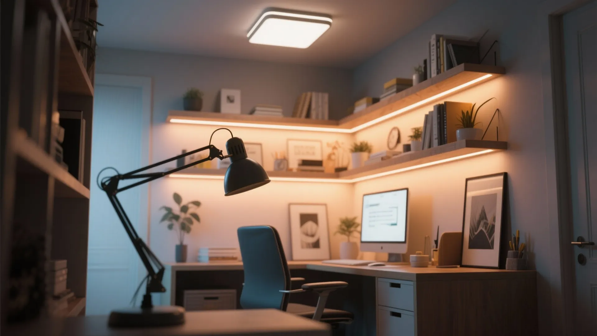 Cozy home office with warm shelf lighting desk lamp computer monitor and modern ceiling light