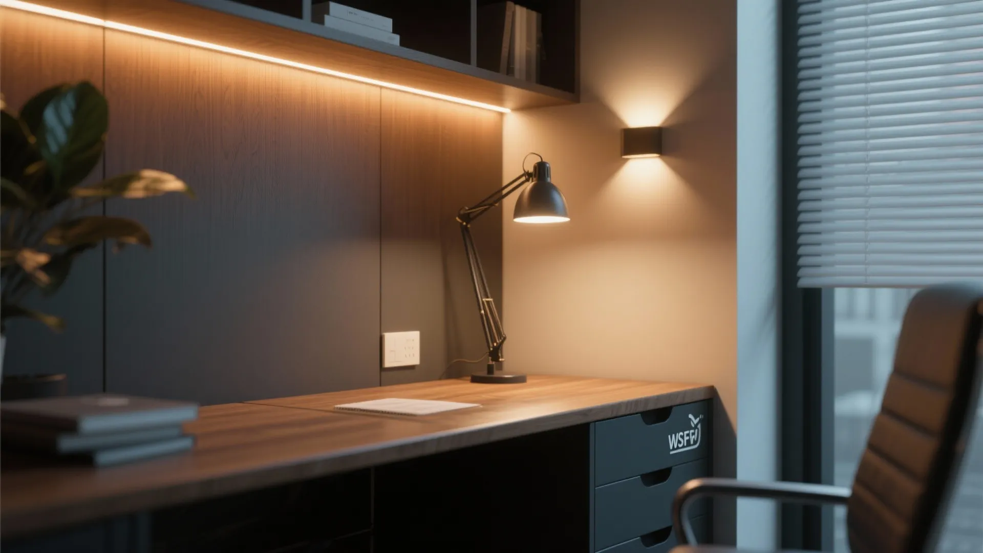 Layered office lighting with desk lamp, wall sconce, LED strip