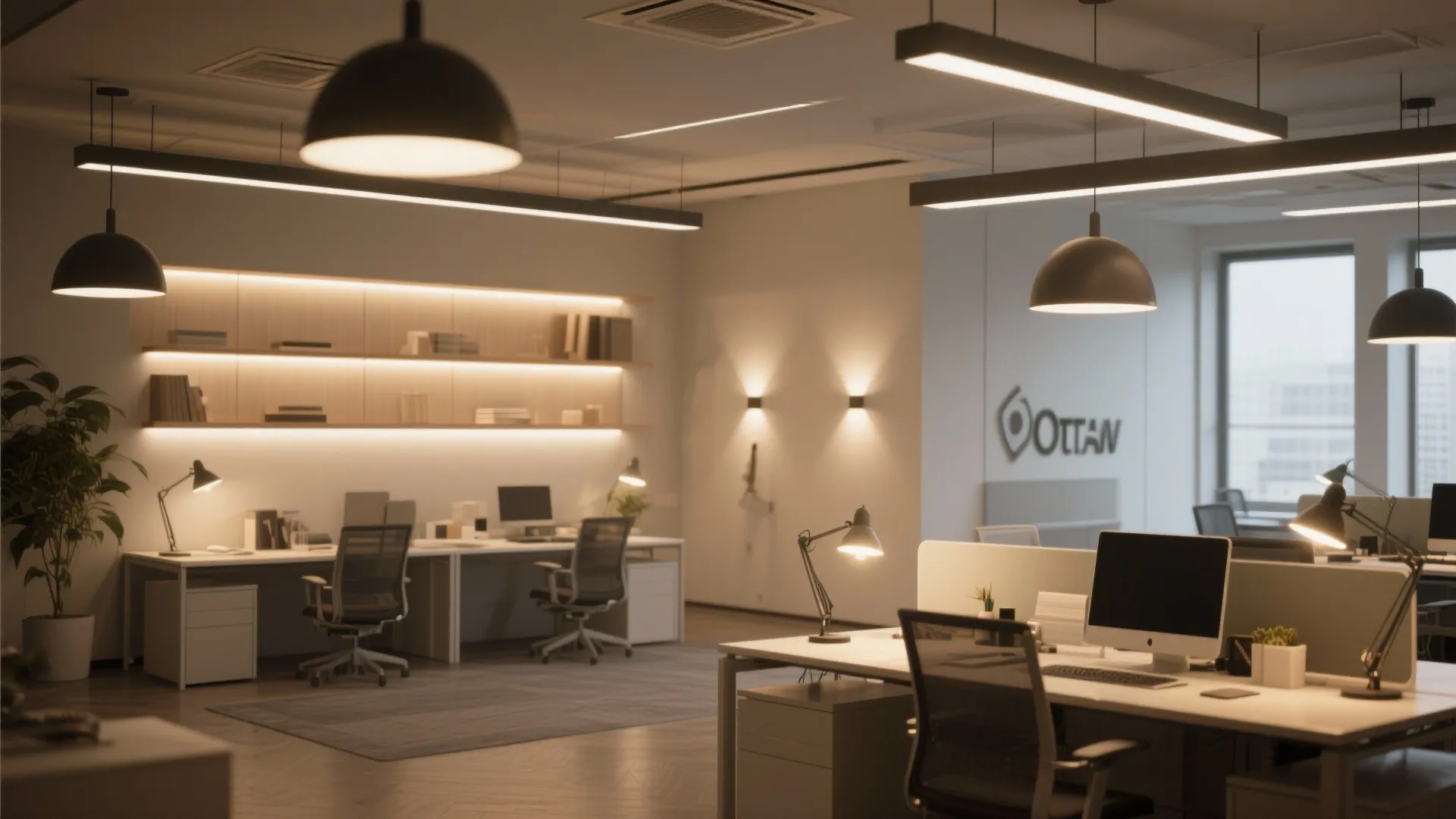 Modern office with layered lighting sources and a warm glow