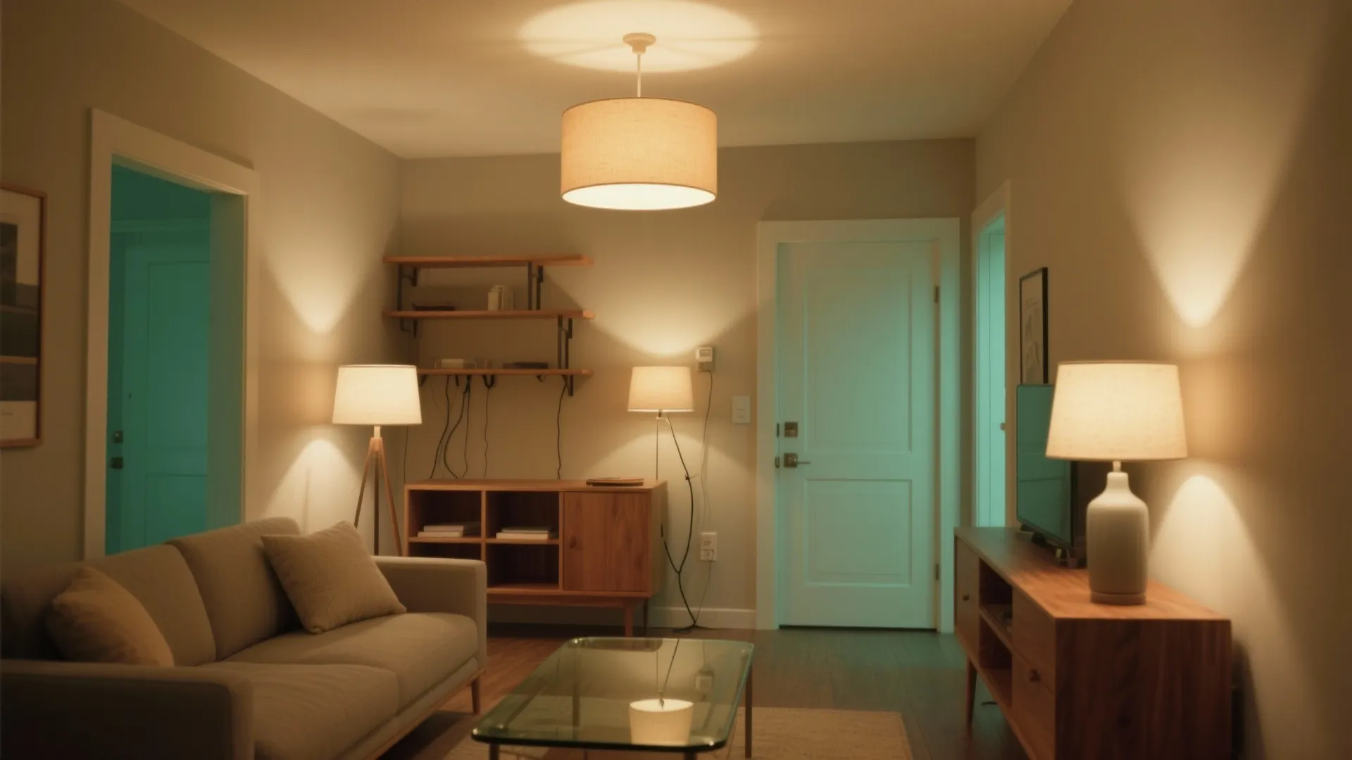 Living room featuring a large ceiling light several table lamps and a glass coffee table