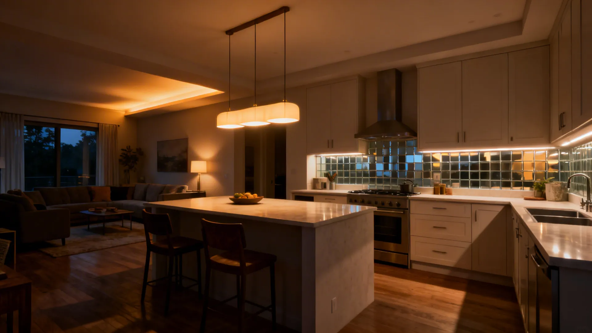 Evening open-plan scene with ceiling wash, under-cabinet task LEDs, and a soft pendant over the island.