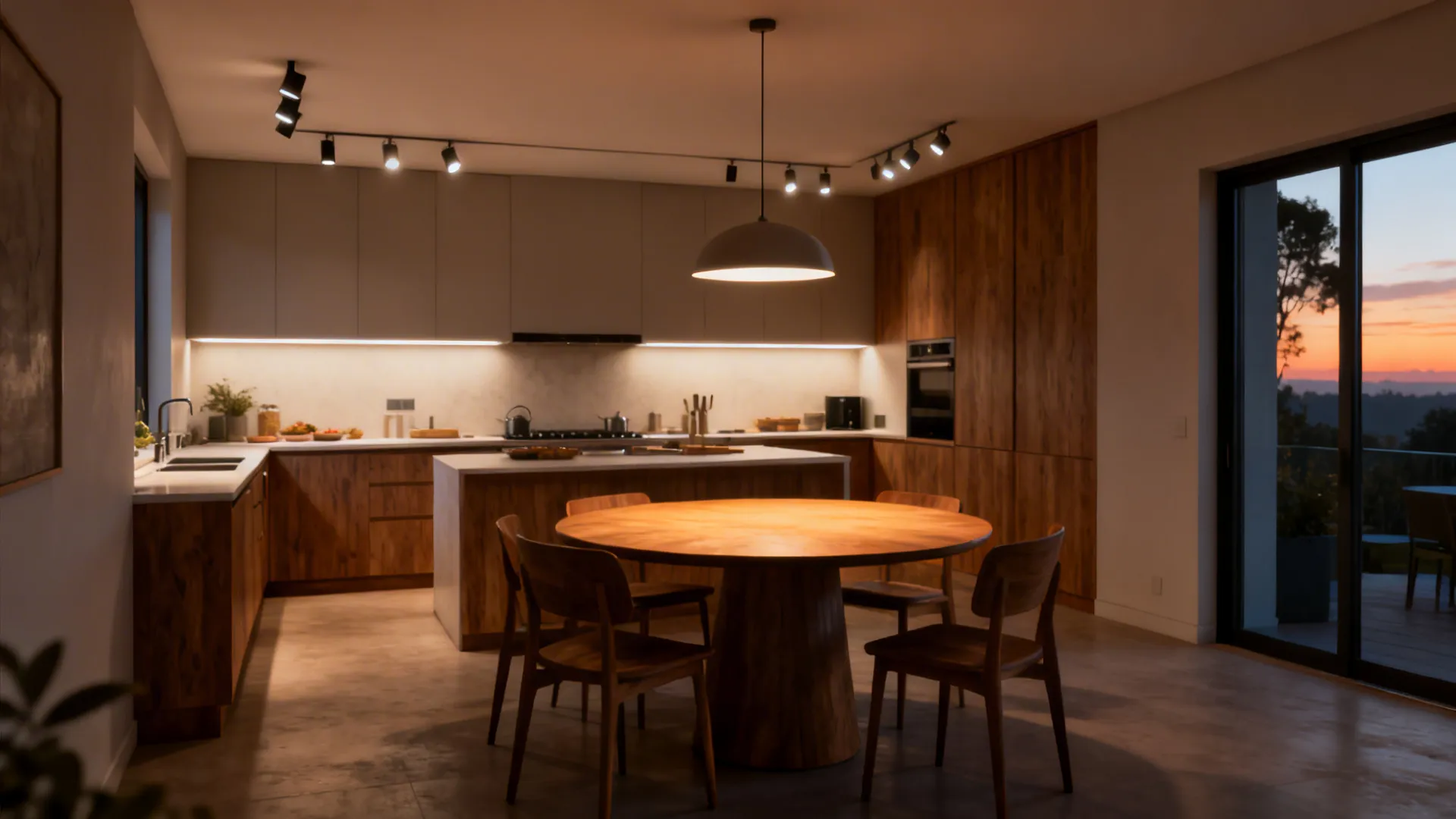 Open kitchen–dining with ambient, task, and pendant lighting in warm tones.