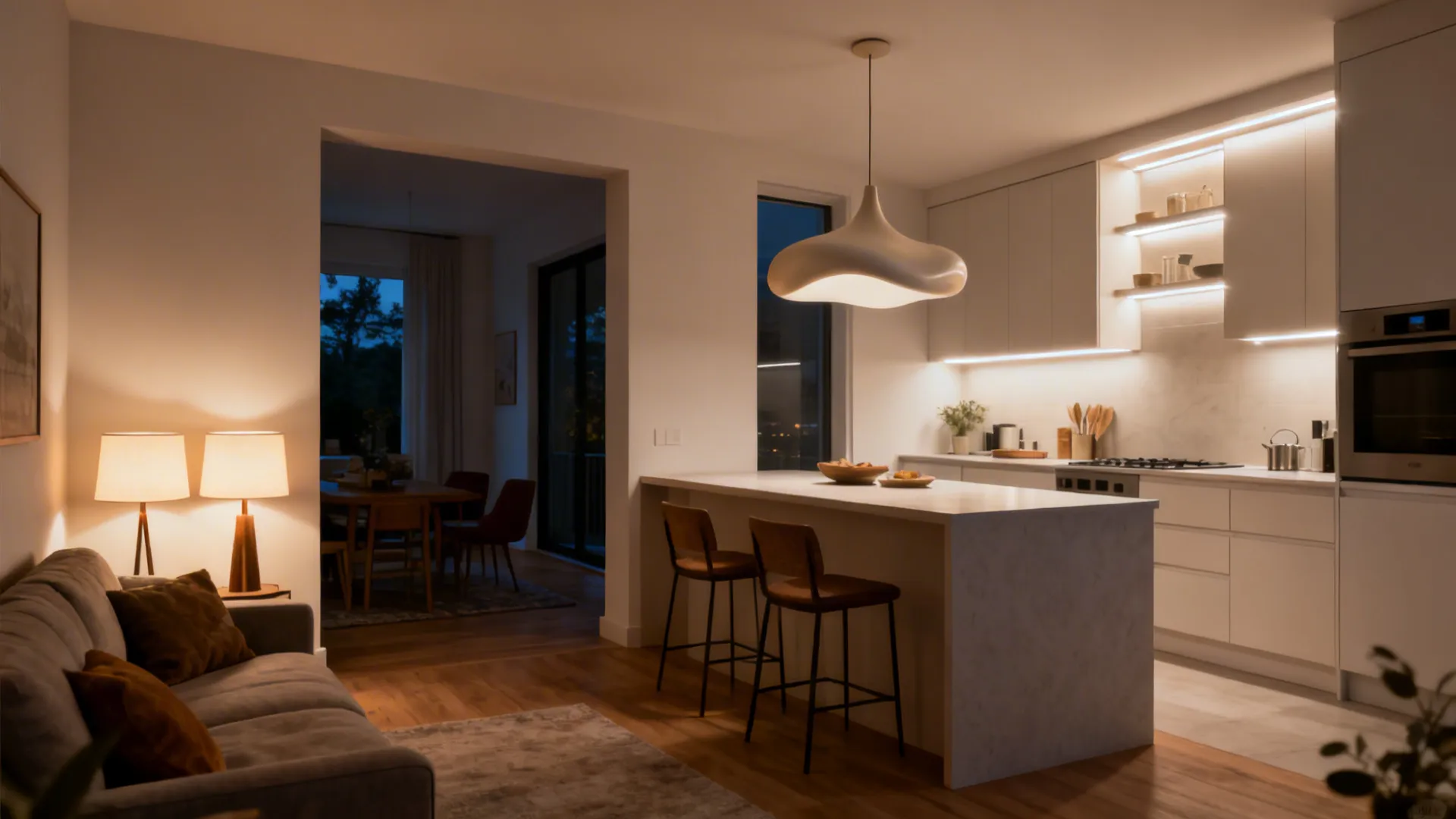 Warm layered lighting unifies a small open kitchen and family room in the evening.