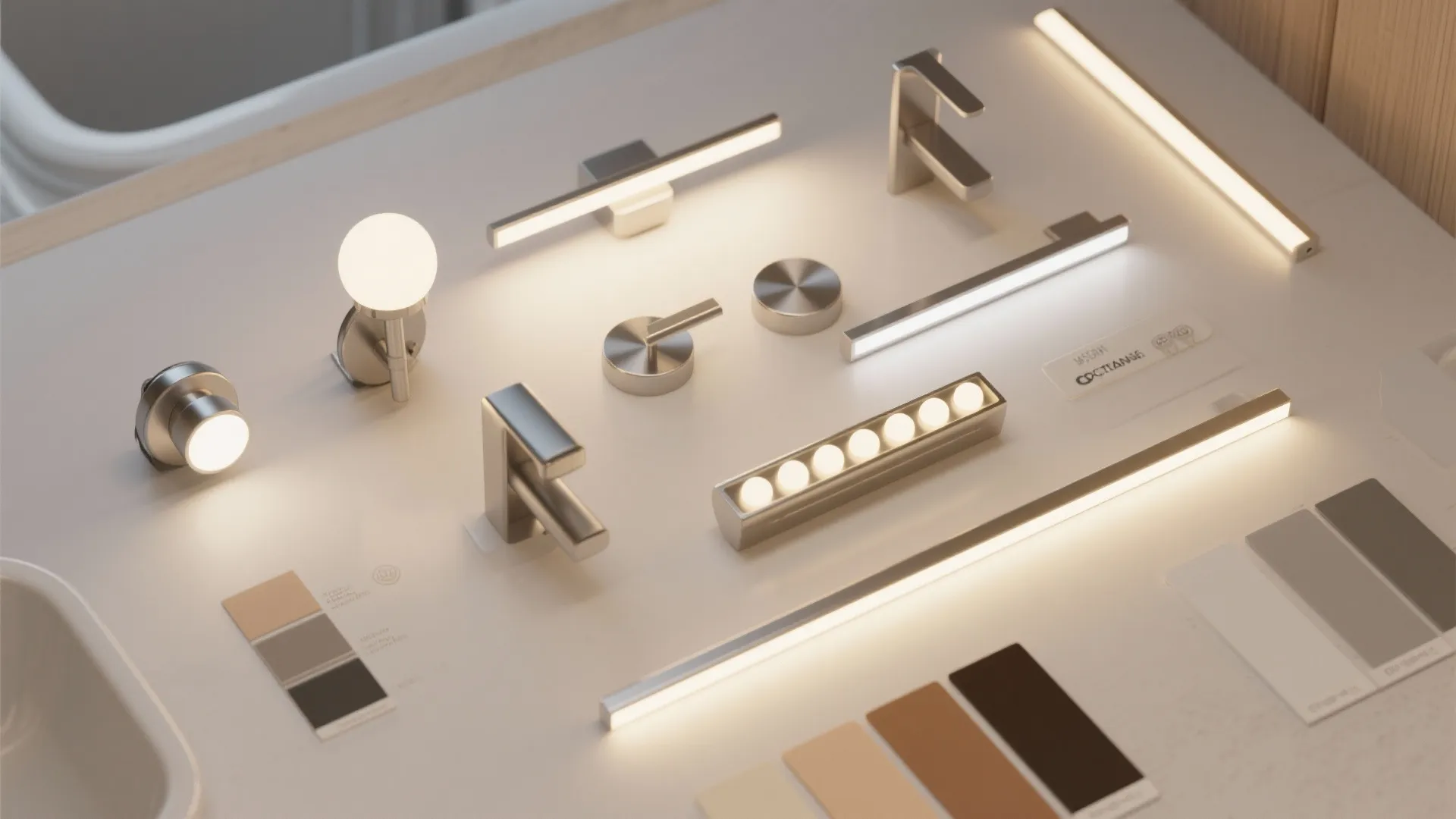 Collection of various modern silver light fixture options and color swatches for bathroom interior design