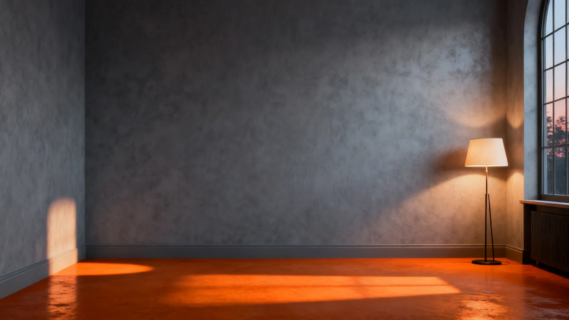 Empty room with grey concrete walls orange floor standing lamp and window light during the sunset