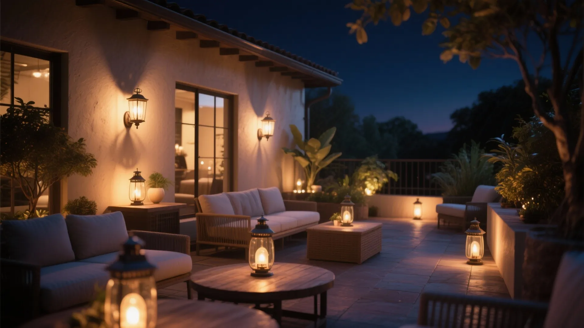 Outdoor patio at night with sconces, lanterns, and floor lights