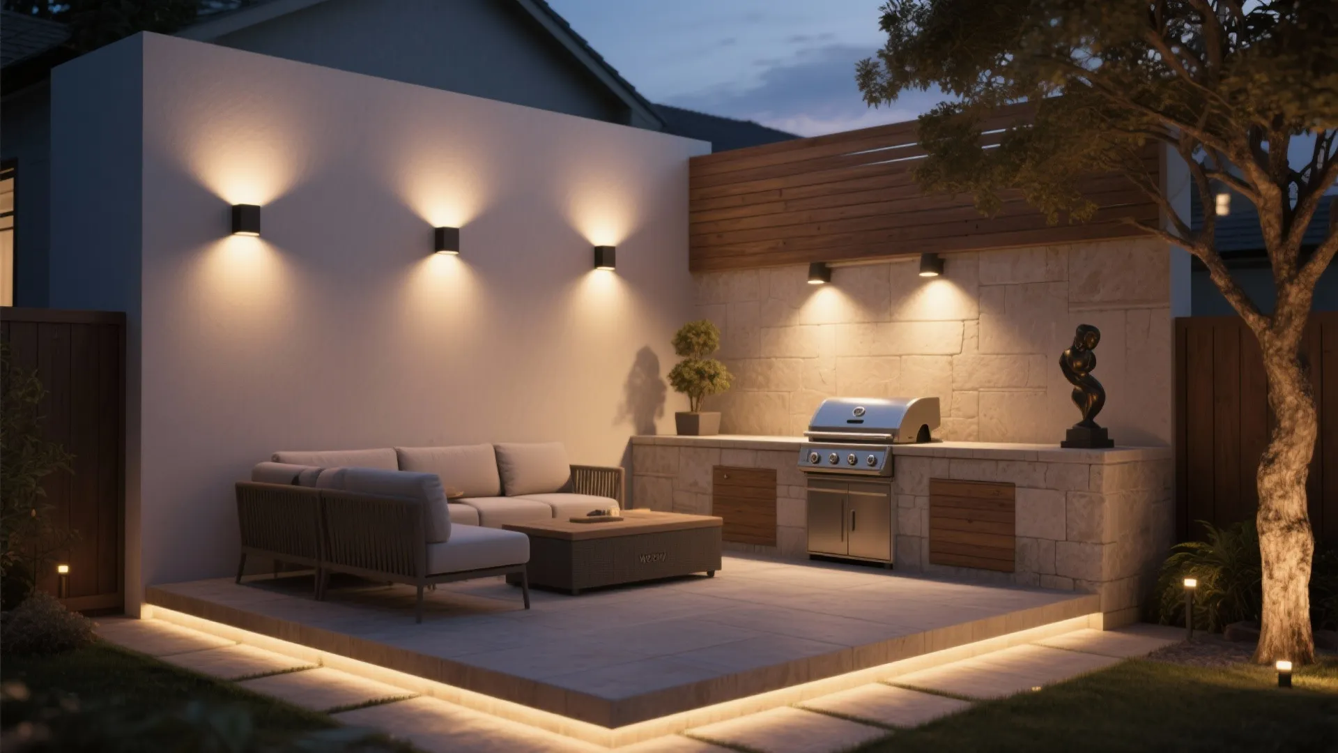 Modern outdoor patio with wall lights sofa grill and warm strip lighting on stone deck