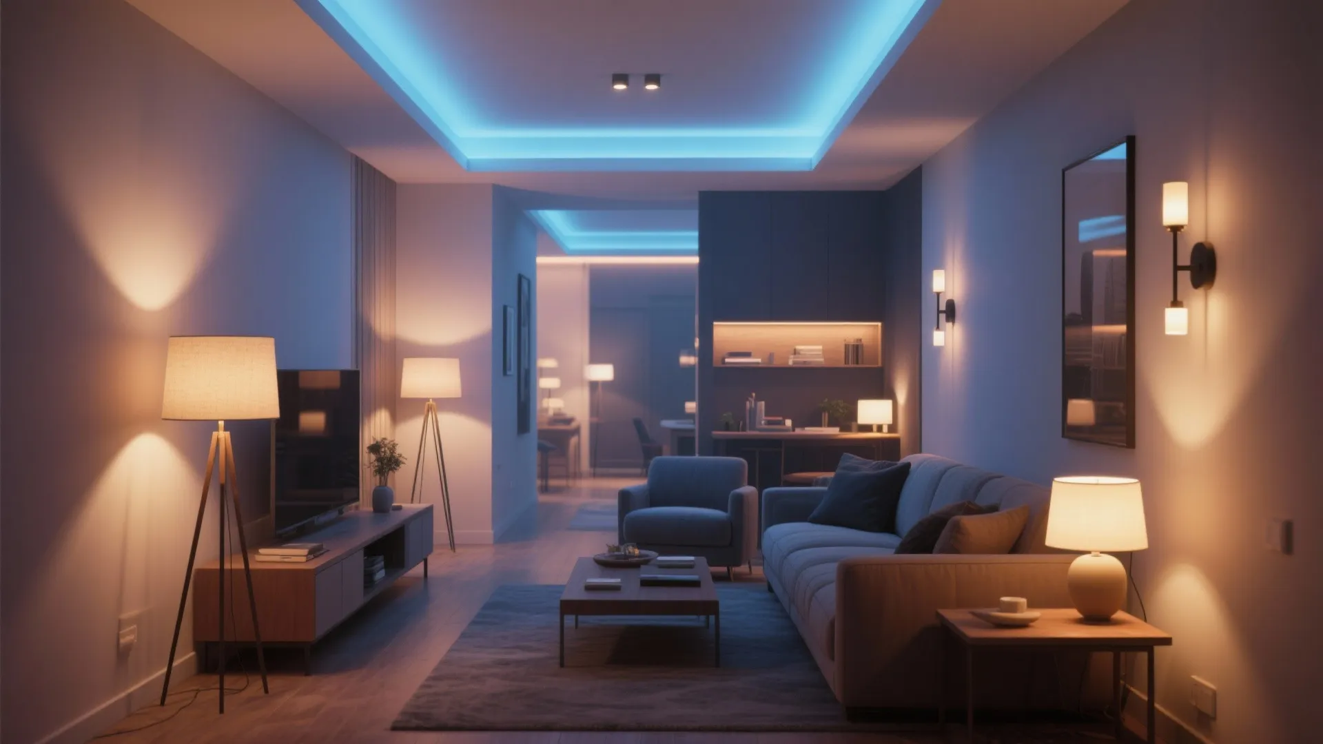 Living room with blue ceiling light, floor lamps, wall lights, beige sofa, and coffee table.