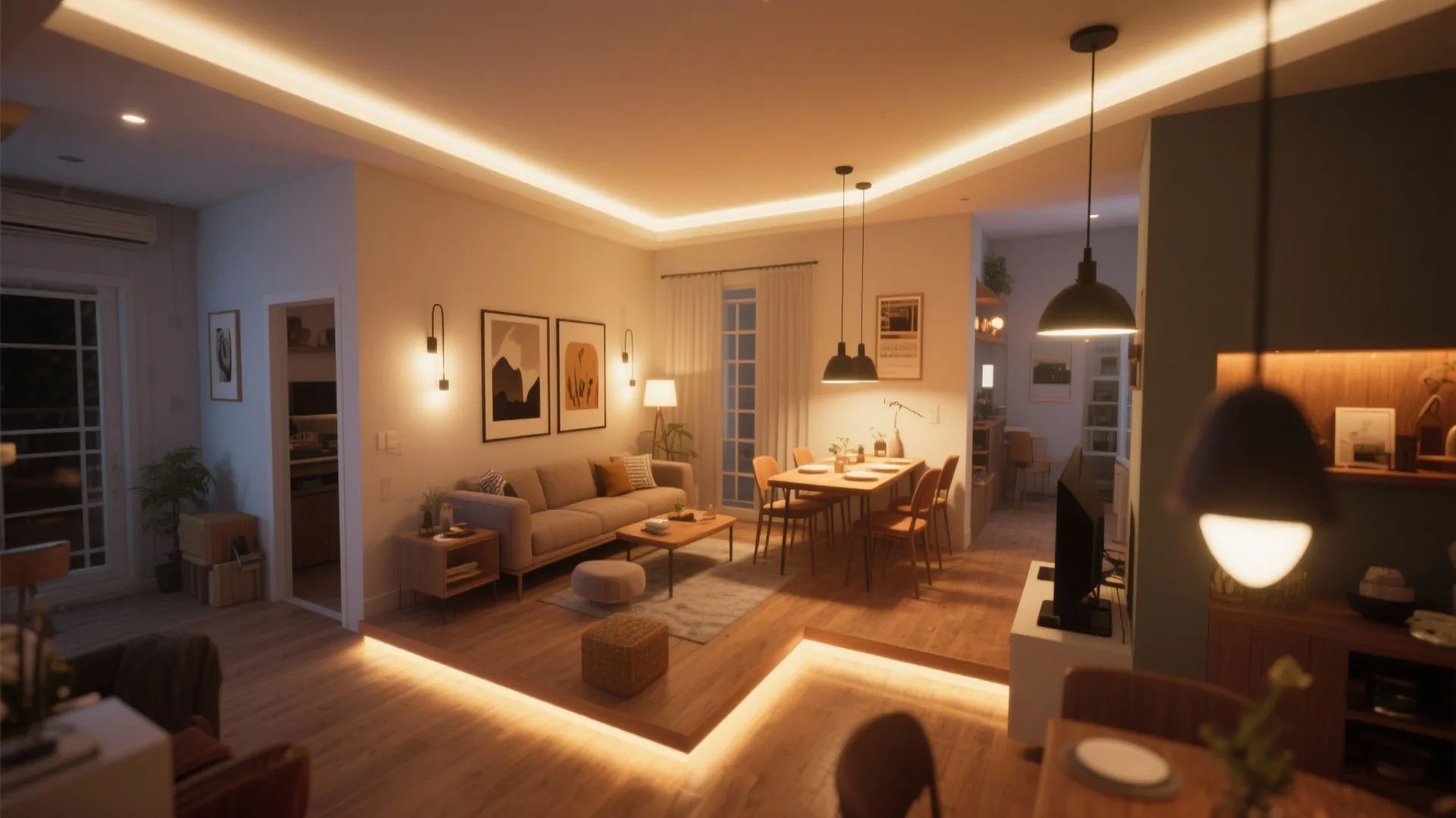 Top-down view of layered lighting arrangement in open plan room