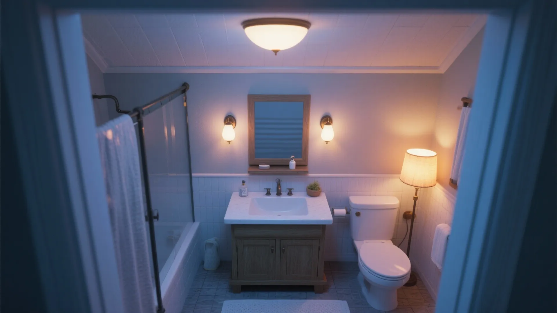 Small bathroom with ceiling light wall lights and a floor lamp near the toilet and sink