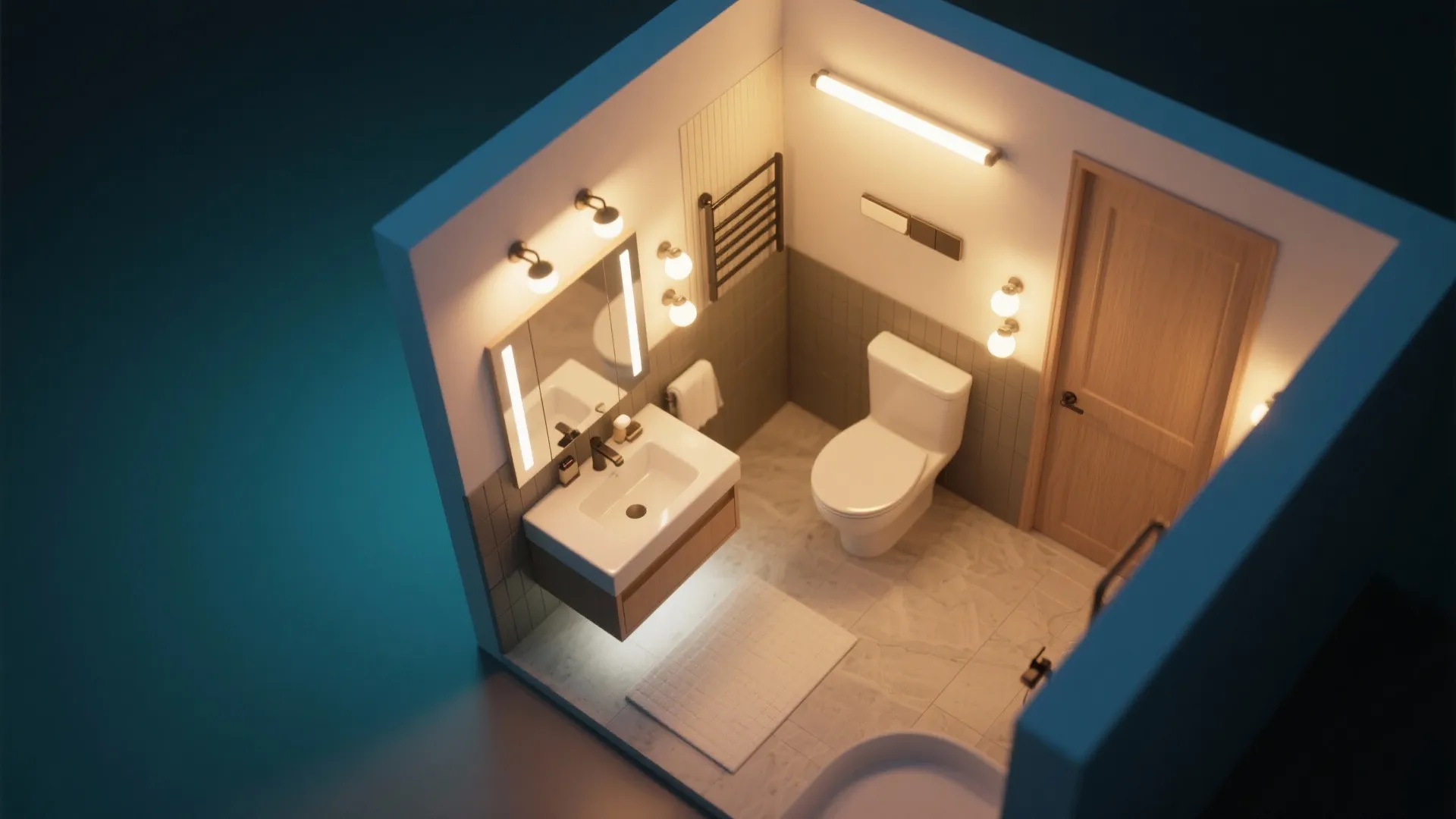 Top-down view of layered lighting design in a small bathroom