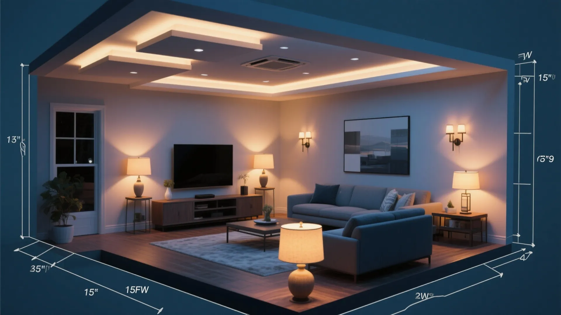 Interior design drawing of a living room showing multiple light fixture types and room layout