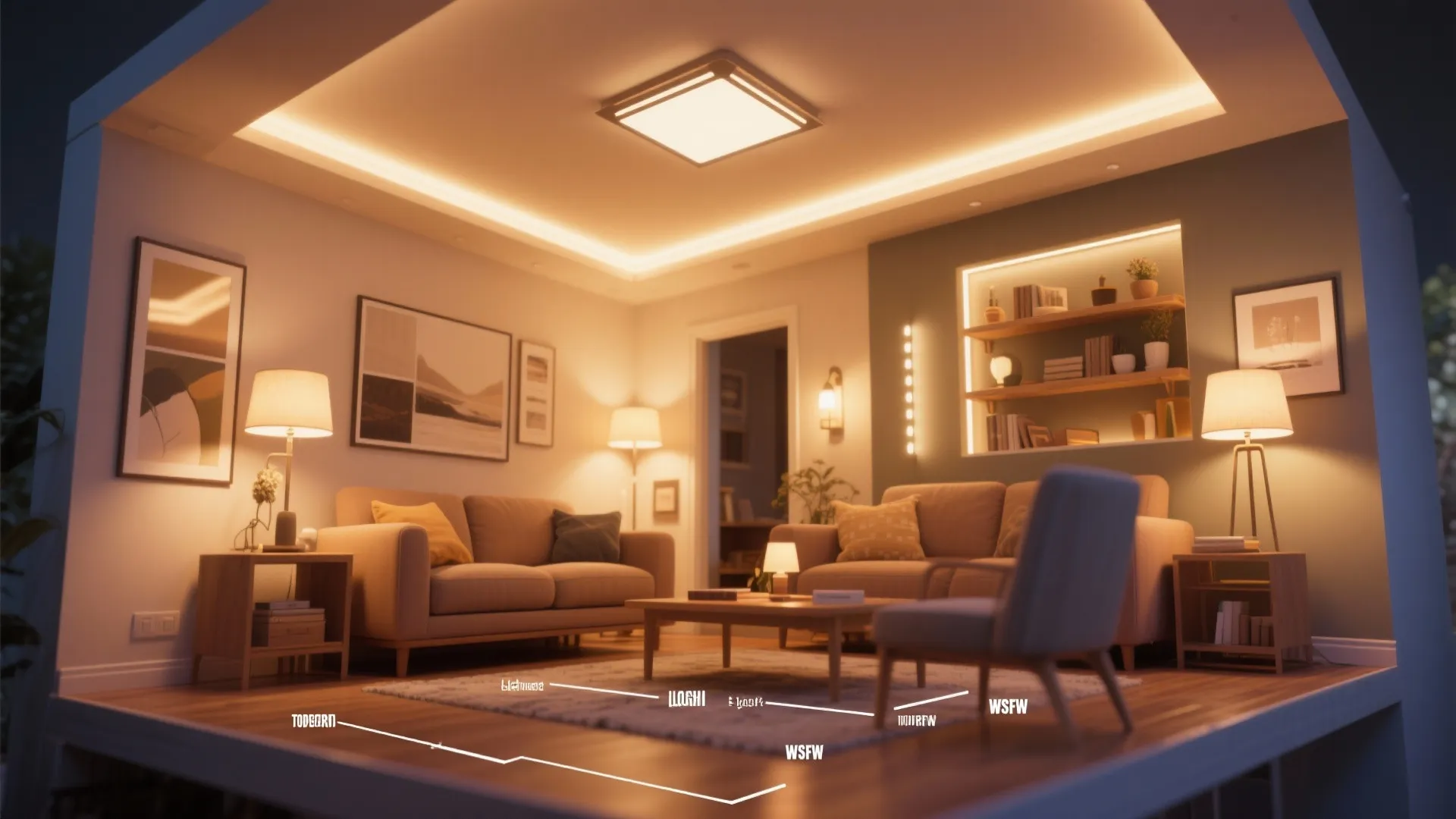 Interior design drawing showing a warm living room with ceiling lights wall lights and lamps