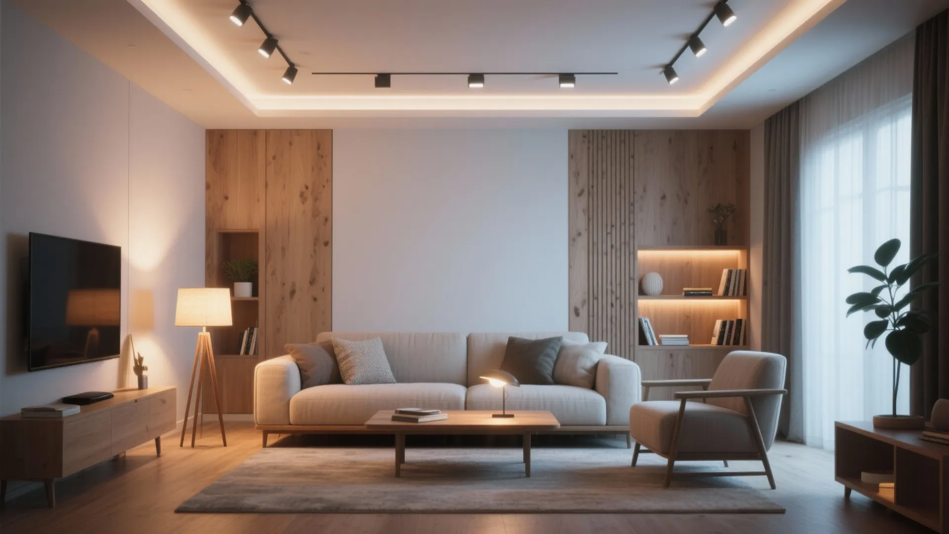 Cozy living room interior with warm lights wooden wall panels beige sofa and soft floor rug