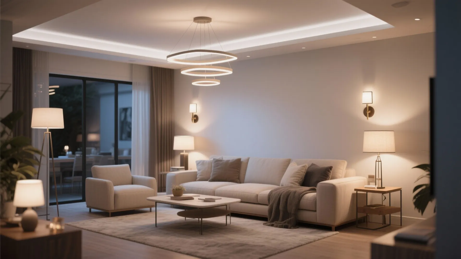 Warmly lit living room featuring a triple ring ceiling light wall lights and floor lamps