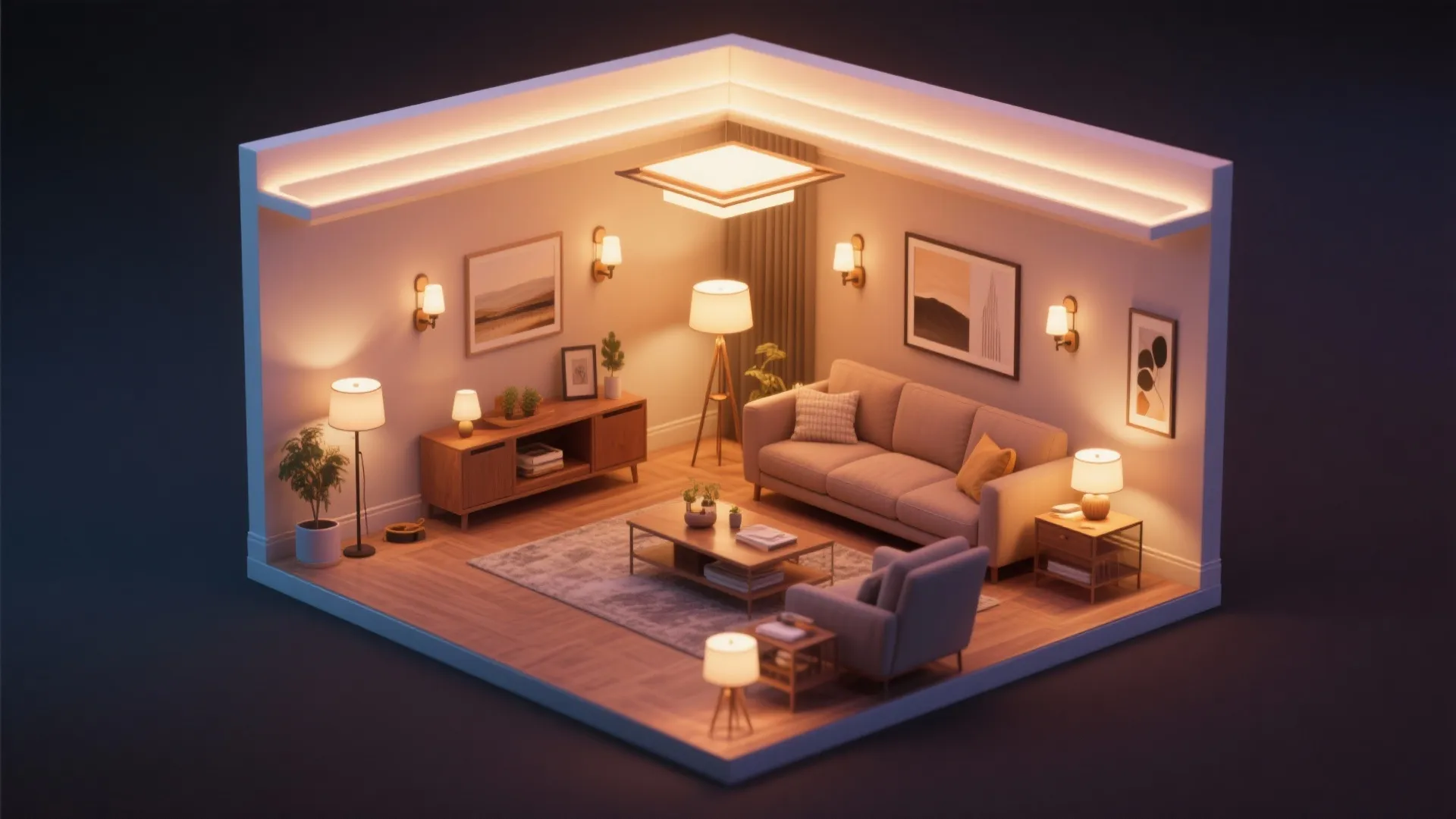 Interior design drawing showing a warm living room layout with sofa and many light fixtures