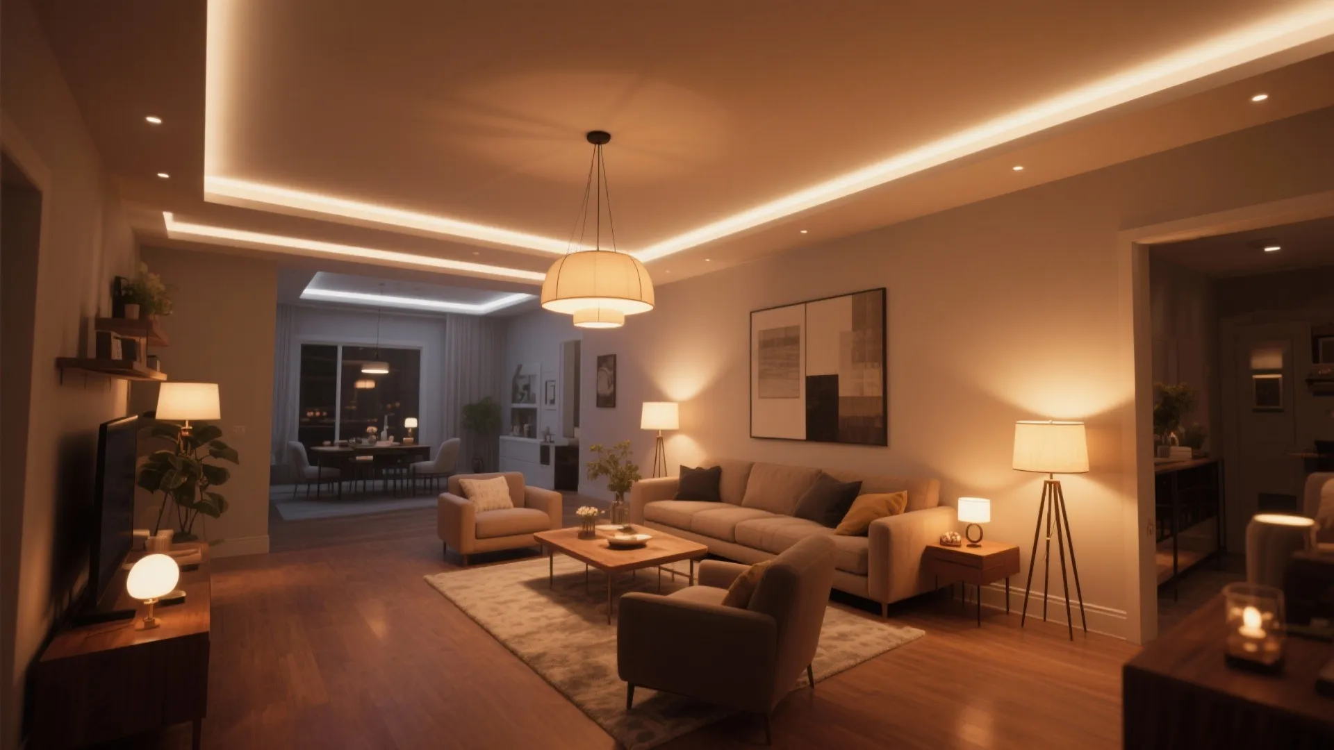 Warm living room featuring multiple light fixtures including a central ceiling light and glowing lamps