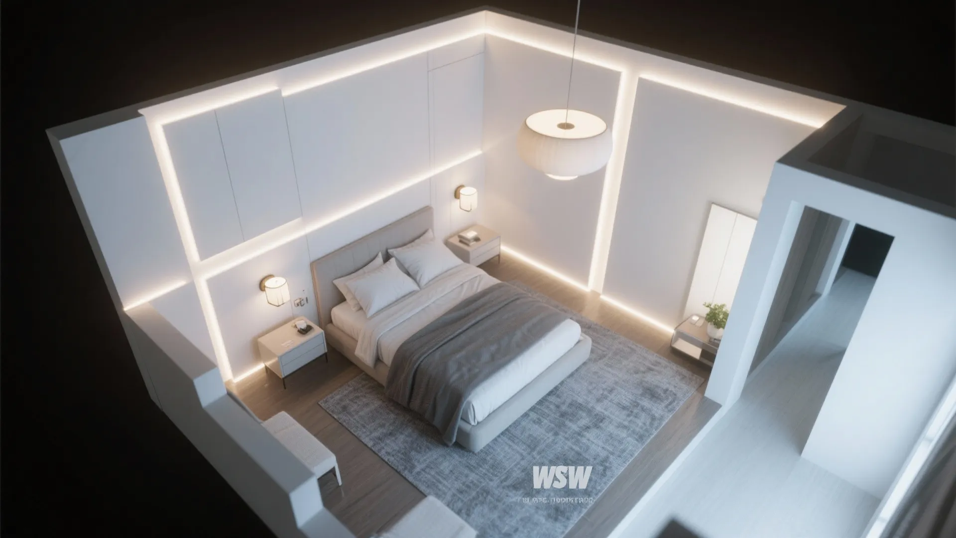 Top-down bedroom layout showing layered lighting with sconces, pendant, and ambient LEDs