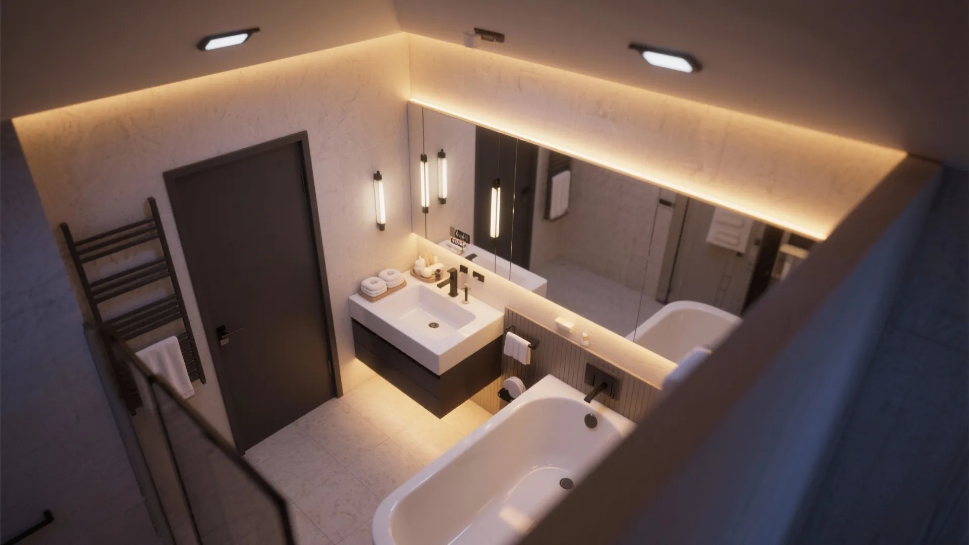 Top-down plan showing layered lighting in a small bathroom