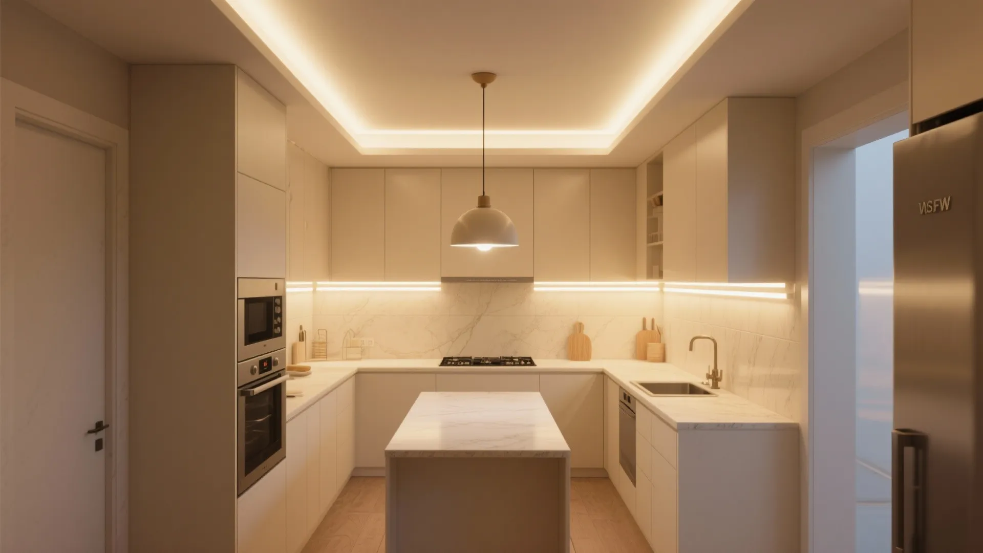 Lighting plan for cream galley kitchen with under-cabinet strips and pendant