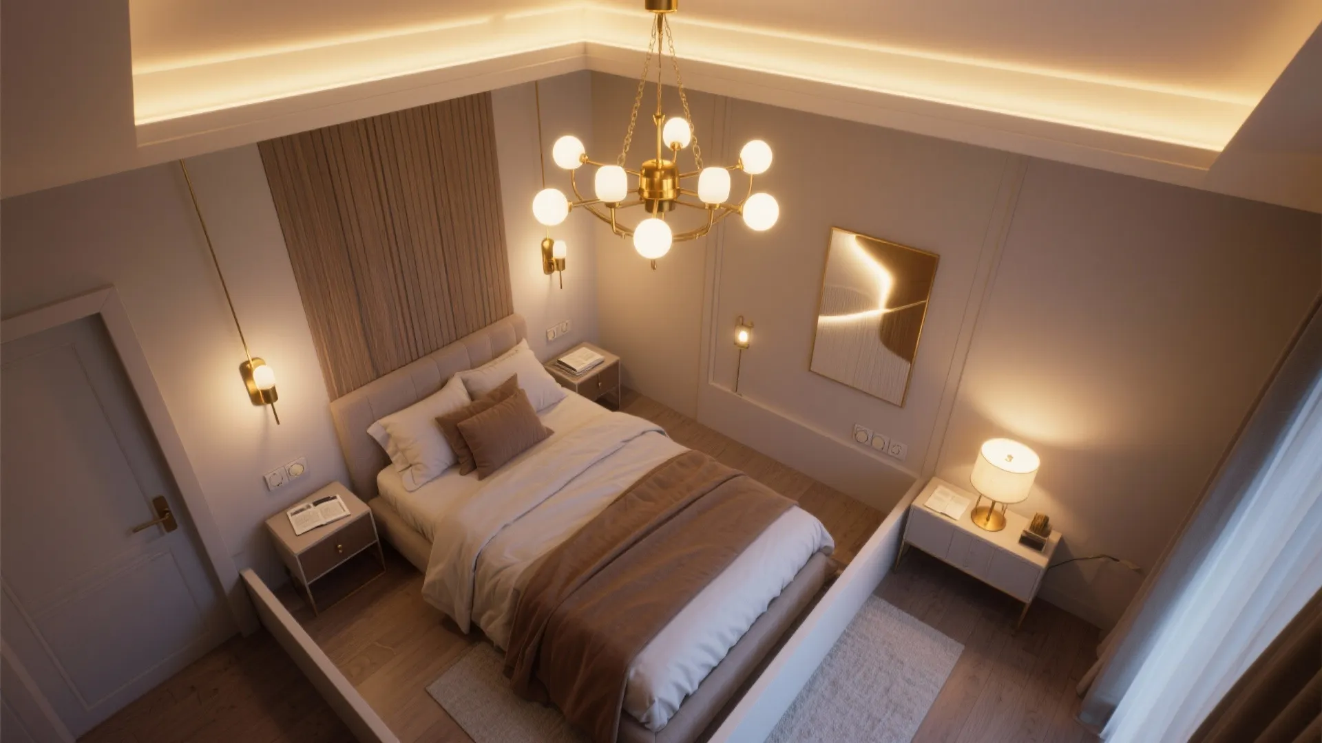 Top-down view of small bedroom layout with layered lighting