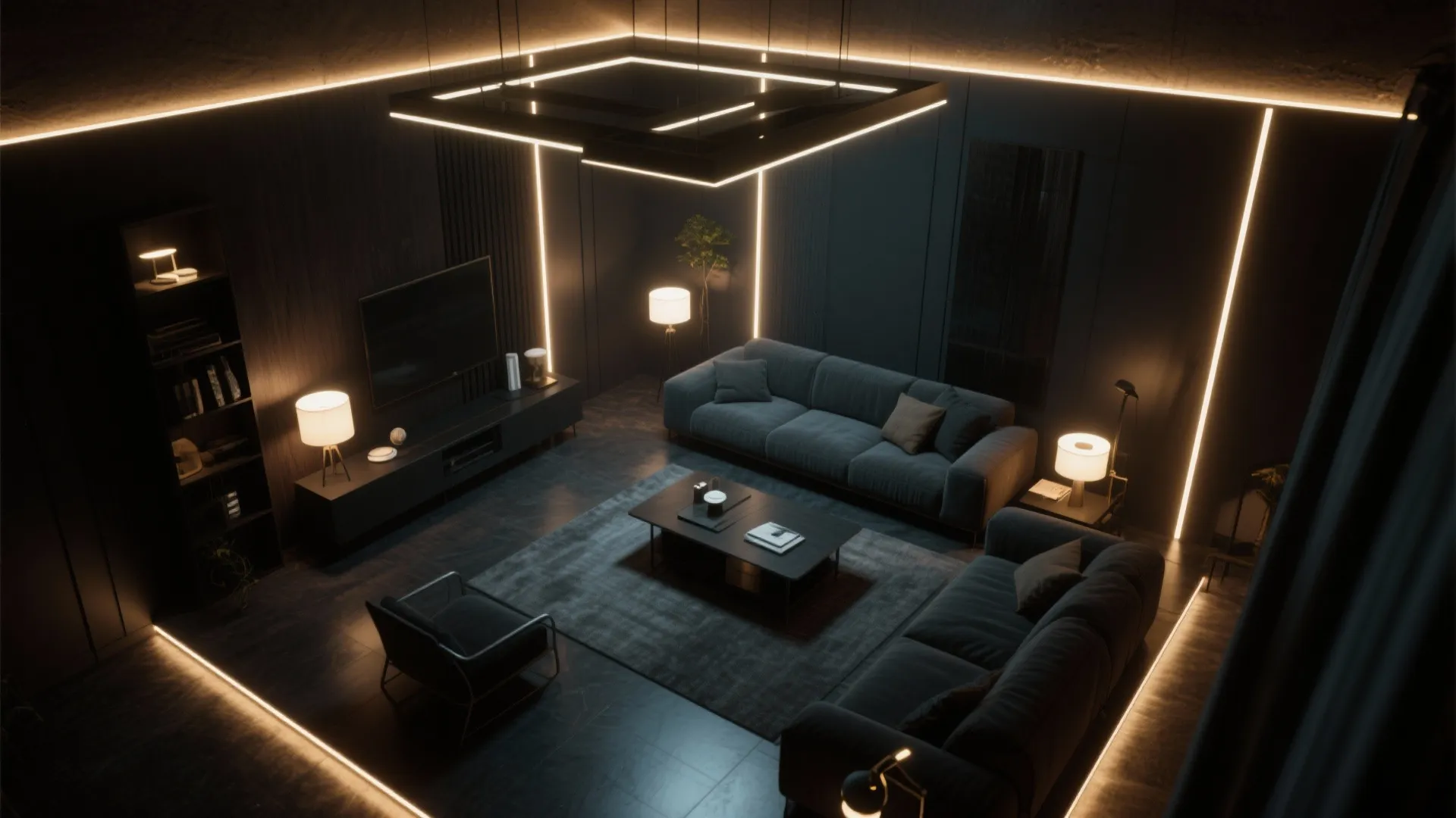Dark living room showing a layered lighting plan with ceiling light strips and floor lamps