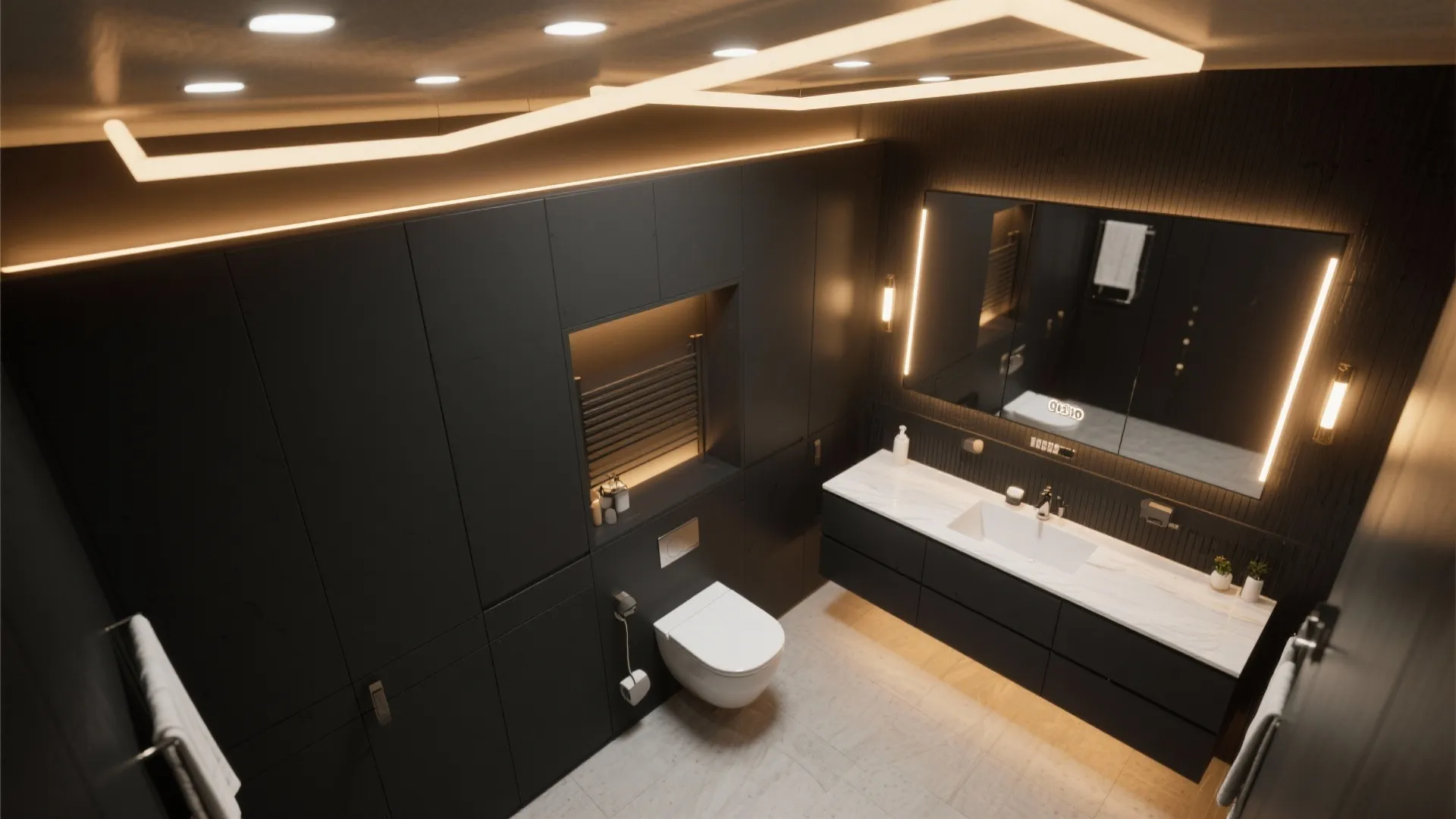 Top view of bathroom showing layered warm lighting setup