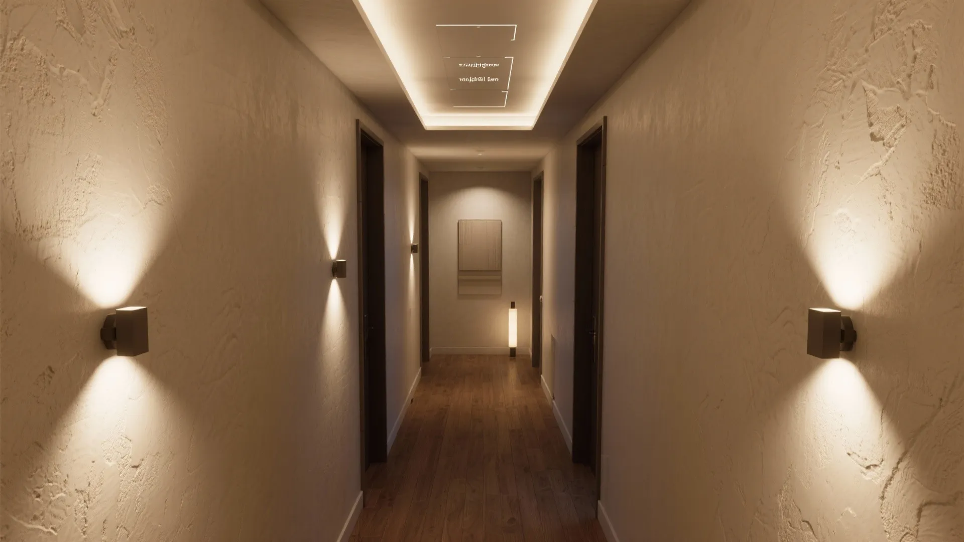 Modern hallway with warm wall lights wooden floor white textured walls and a ceiling light