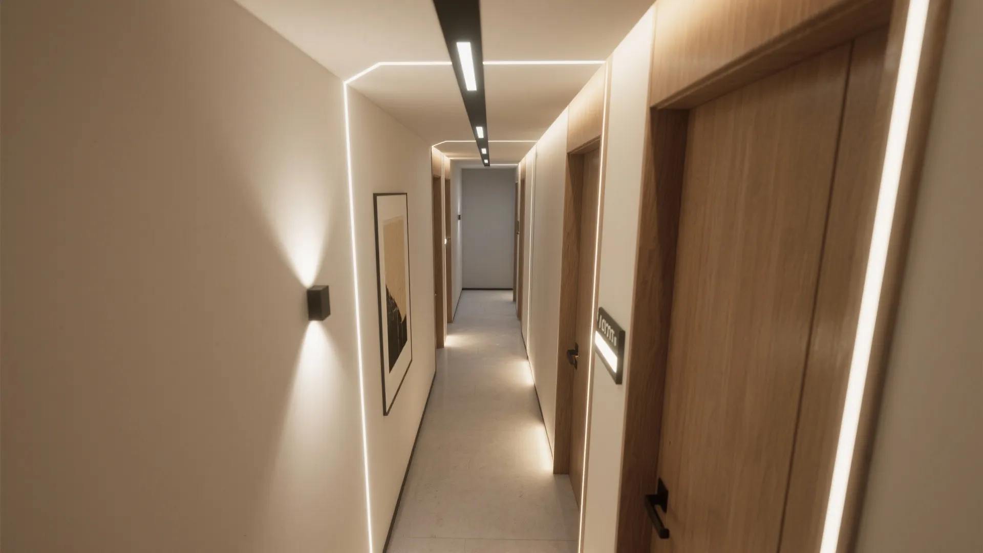 Top-down visualization of linear ambient light, wall washer, and art accent spotlight in a hallway.