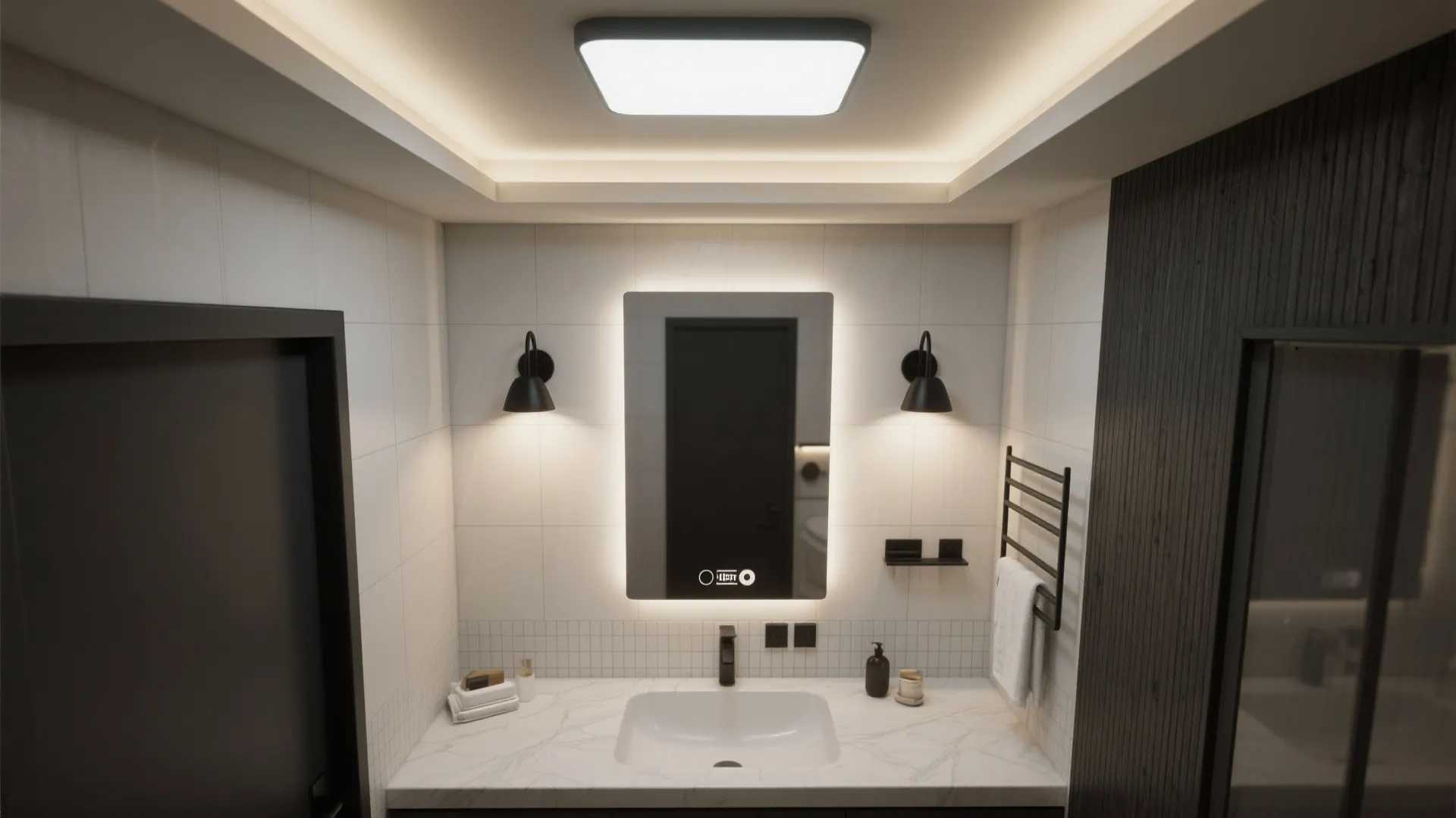 Top-down view of a small bathroom showing recessed ceiling light and black wall sconces around a vanity.