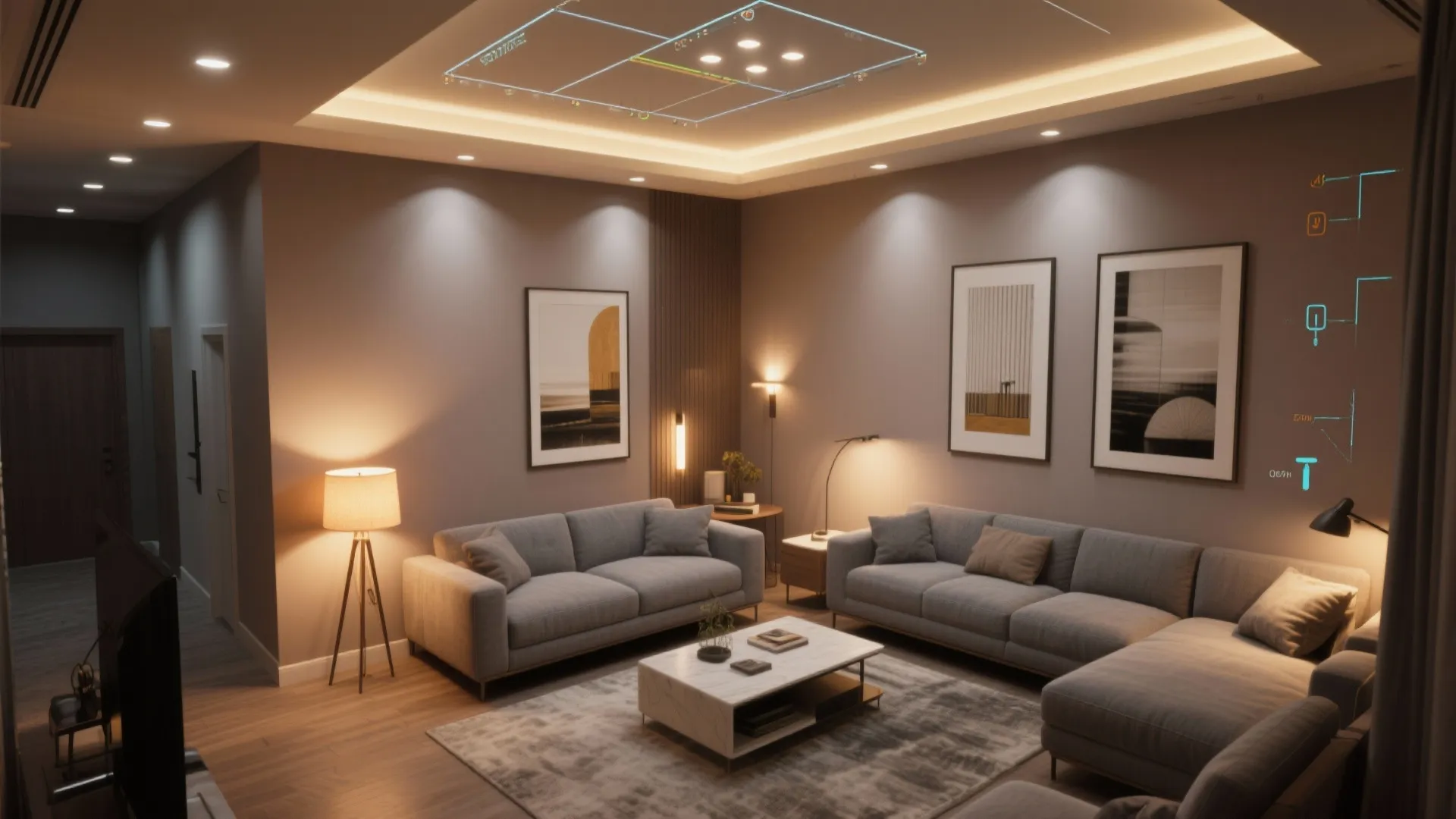 Modern living room showing multiple light fixture types including floor lamp wall light and ceiling light
