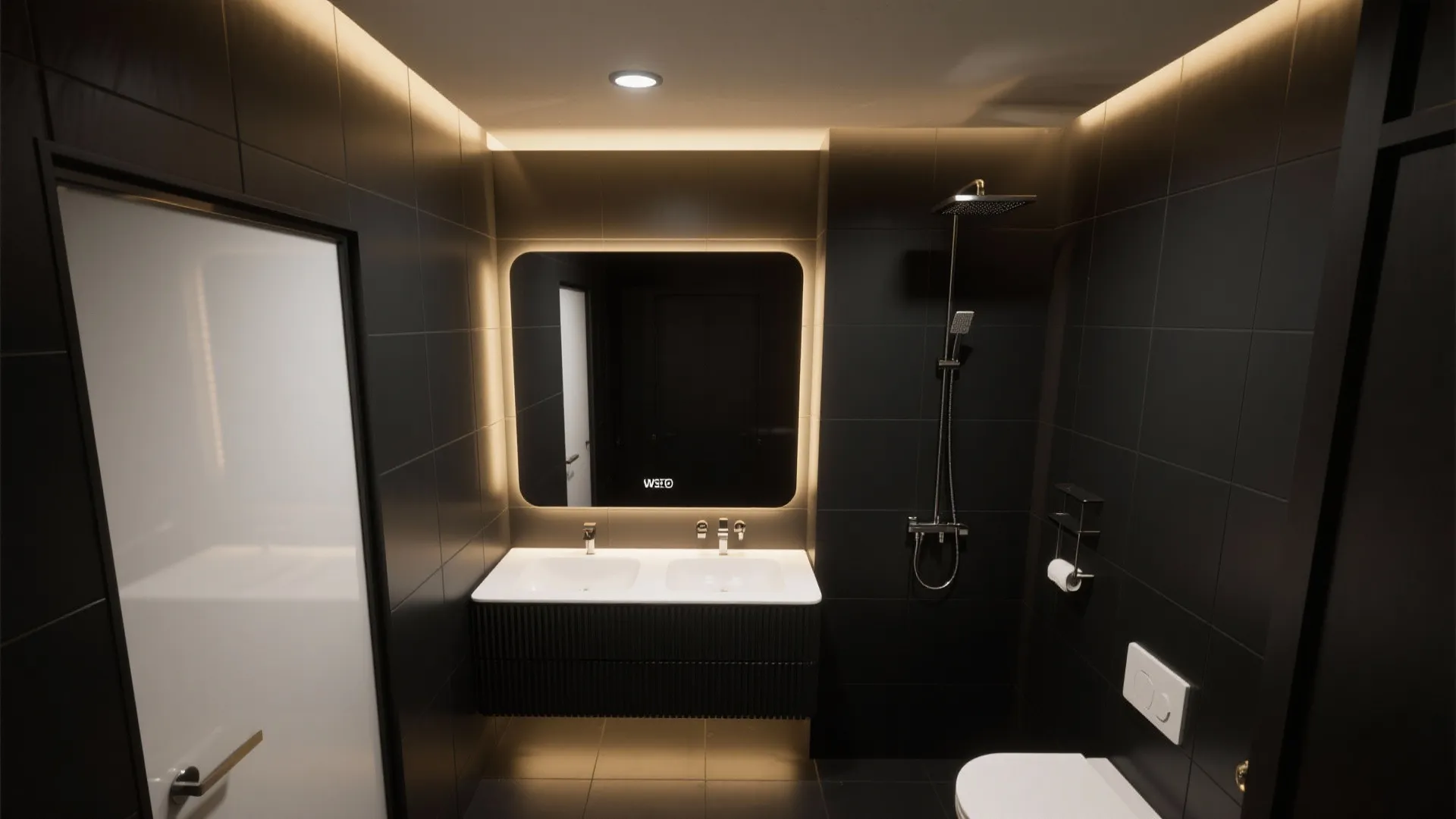 5) Layered lighting on dark finishes