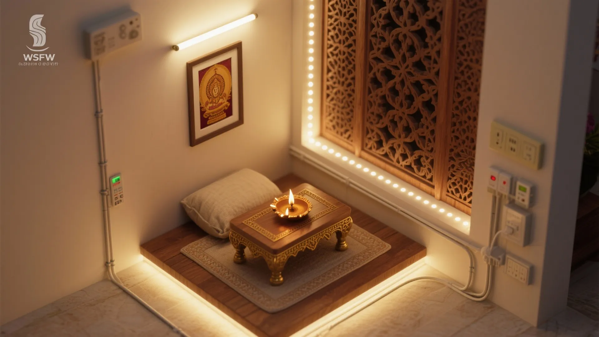 Small prayer space featuring a wooden table with oil lamp and warm glowing light strip
