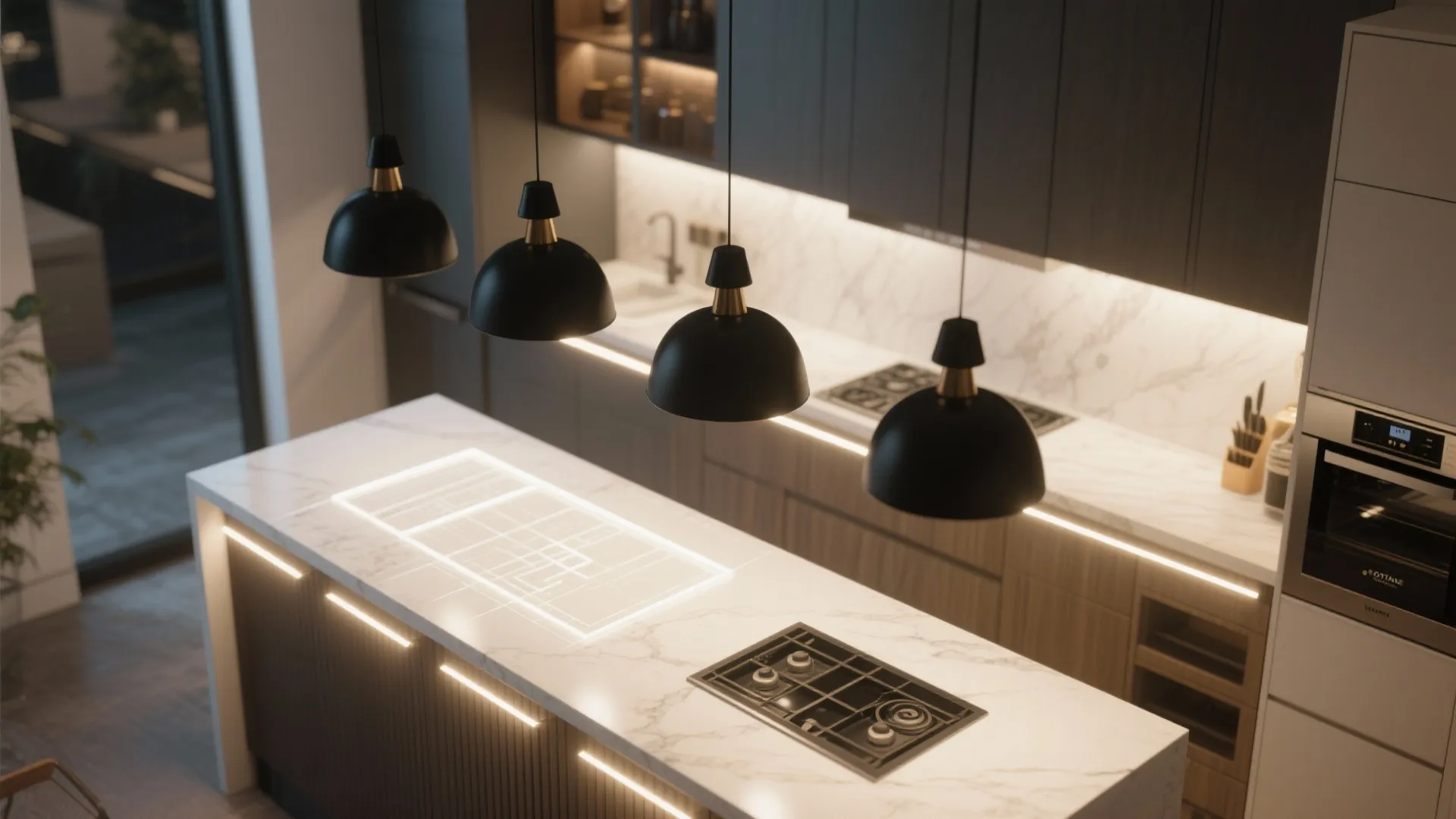 3. Layered lighting: combine black pendants with under-cabinet LEDs