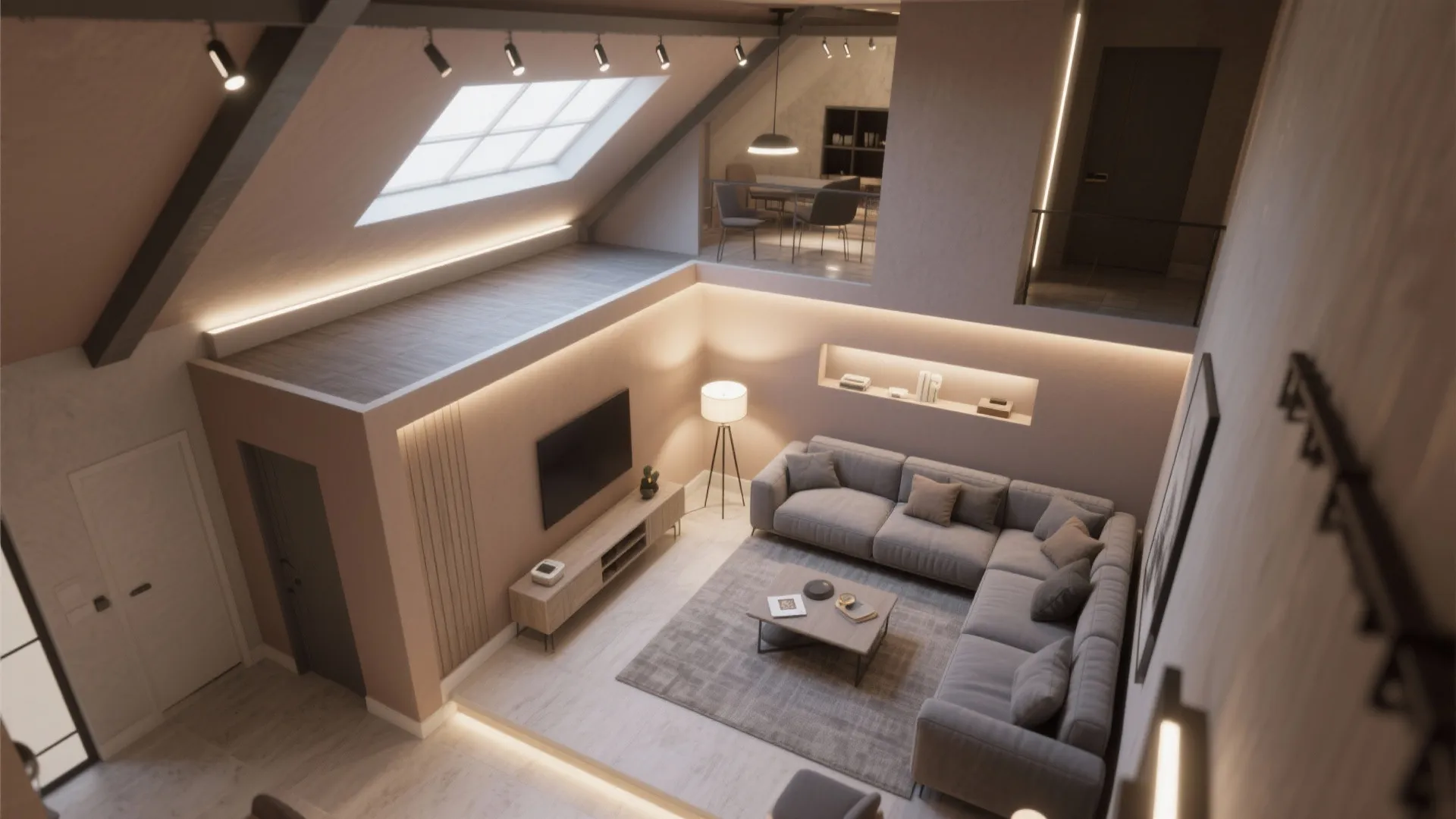 Compact loft showing layered lighting and furniture layout in a taupe and gray scheme