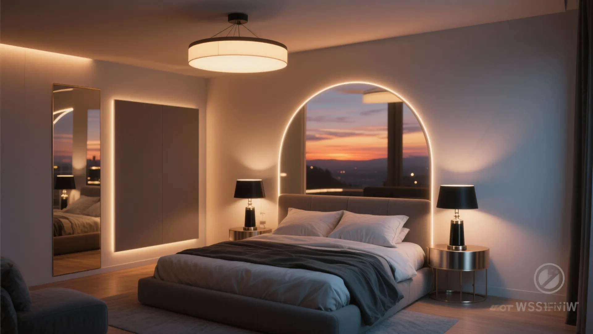 Modern bedroom with large bed round ceiling light glowing arched wall sunset view and table lamps
