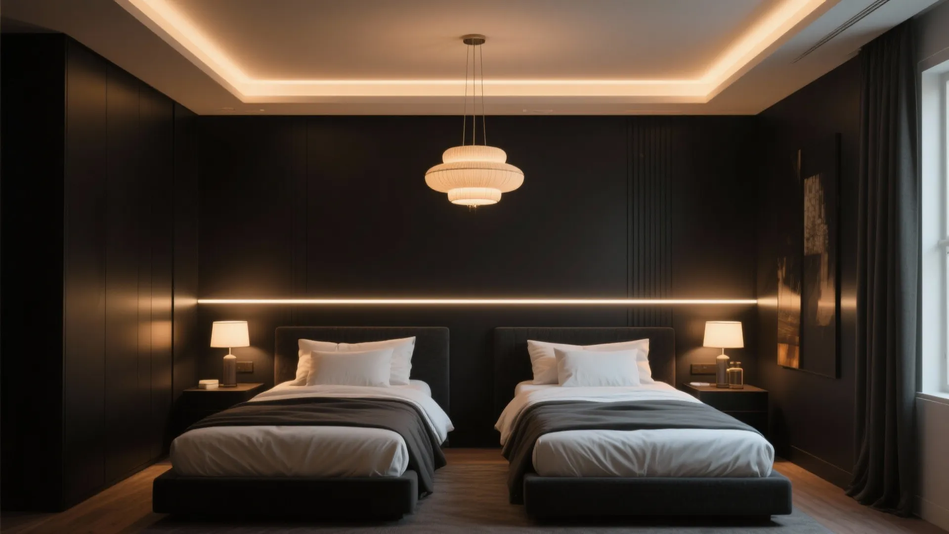 Modern dark bedroom with two beds warm hidden wall lights ceiling light and small bedside lamps