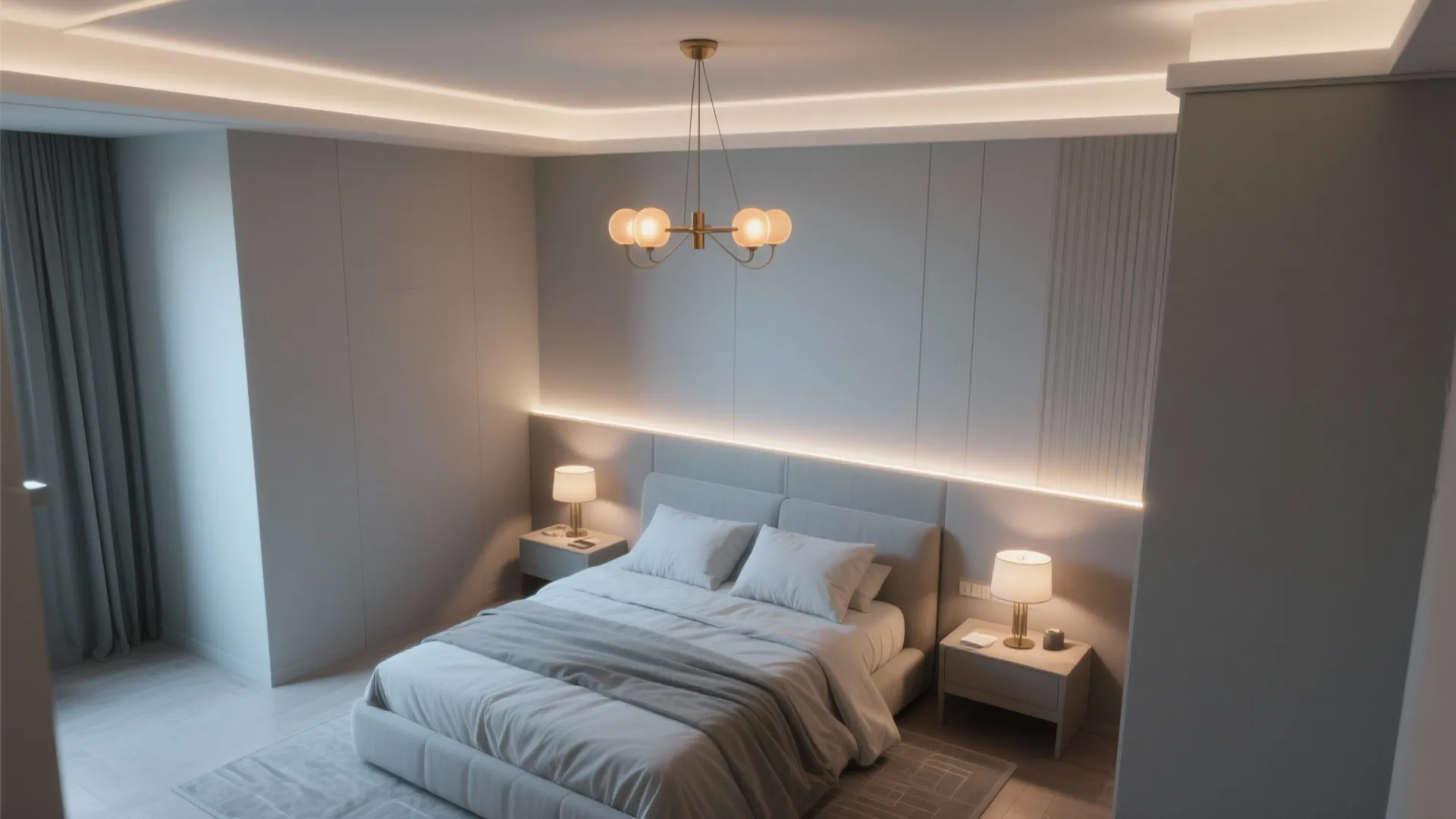 Modern bedroom with grey bed two bedside lamps gold ceiling light wall panel and lighting